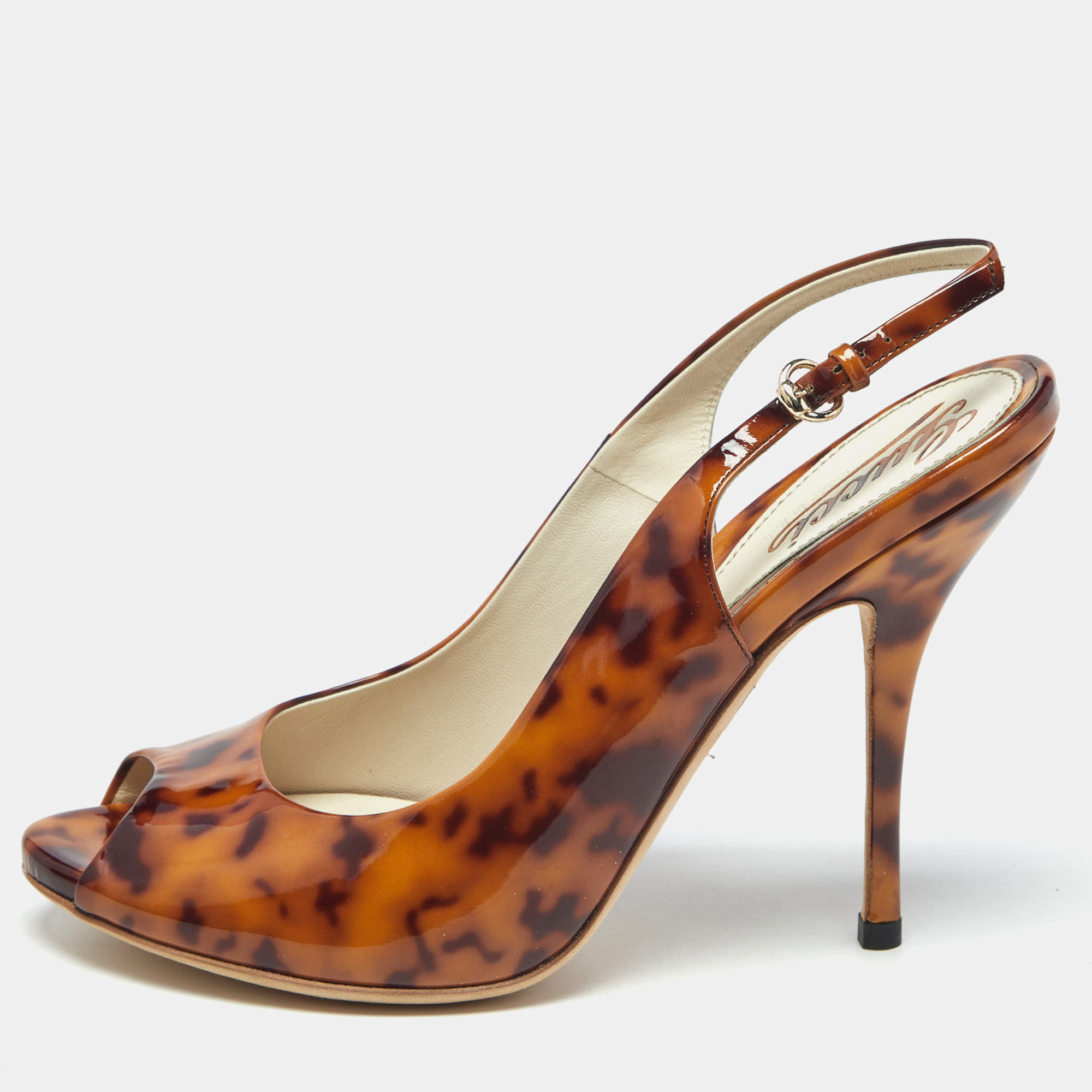 Pre Owned Gucci Brown Tortoise Shell Patent Leather Slingback Pumps Size 38