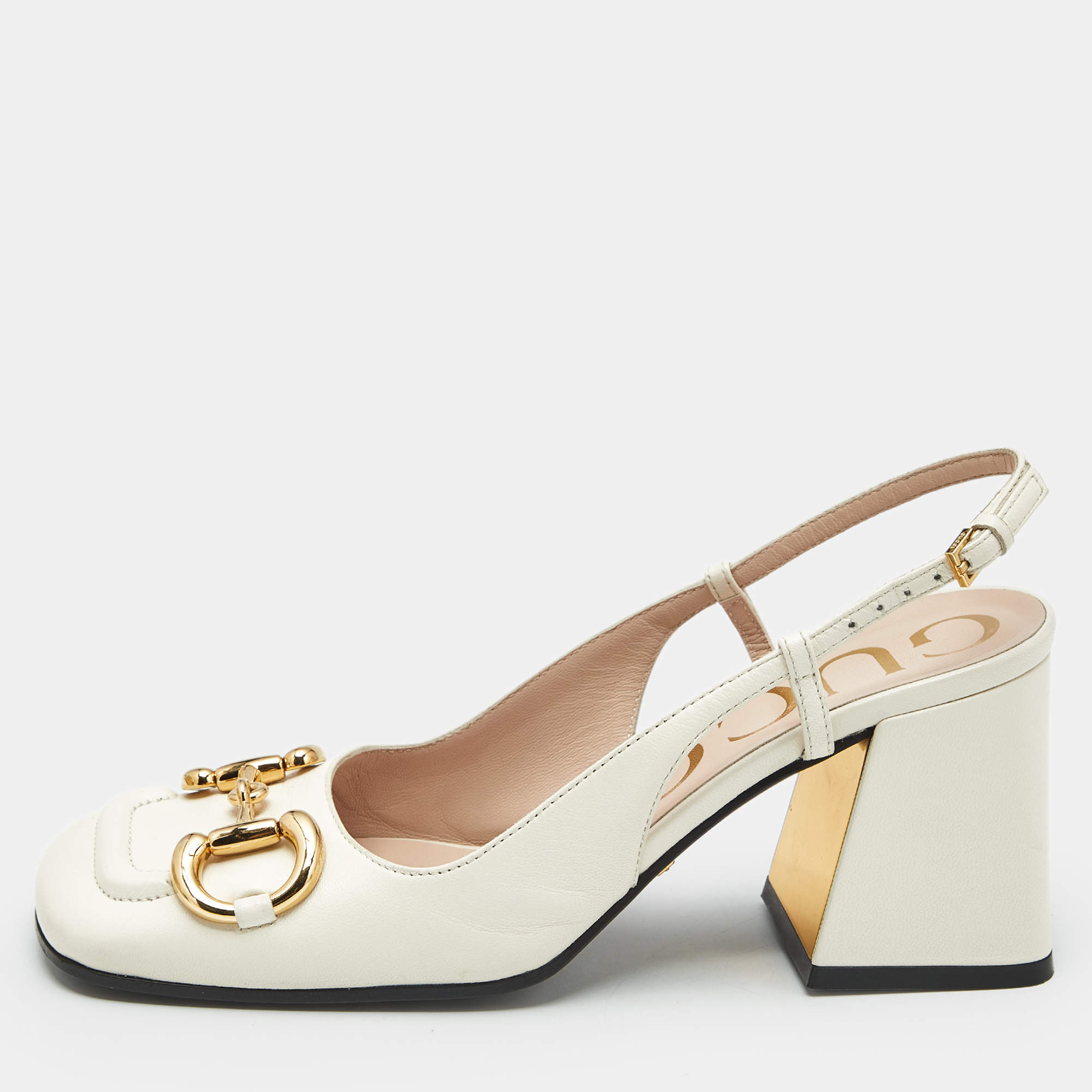 Pre Owned Gucci Cream Leather Horsebit Slingback Pumps Size 35