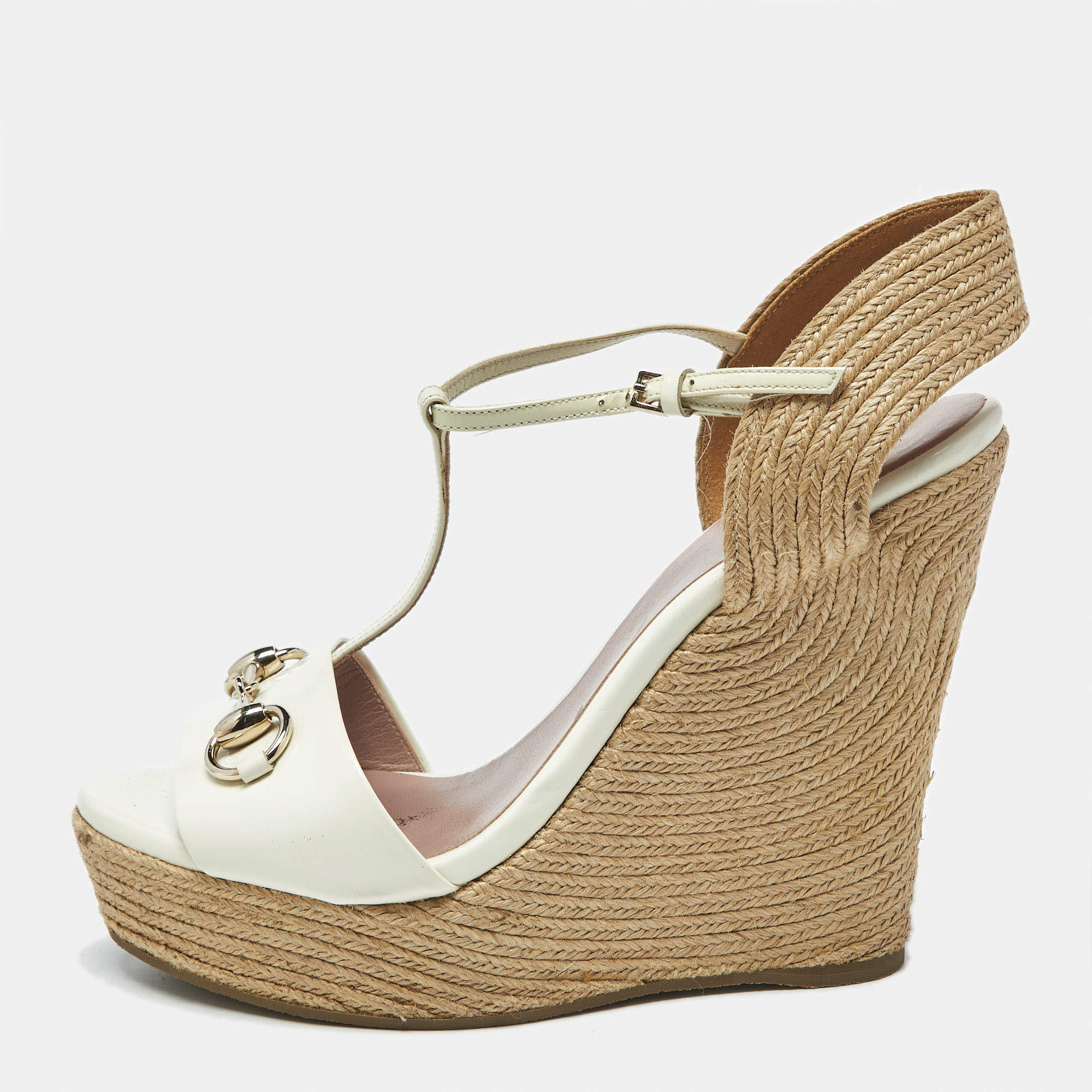 Pre Owned Gucci Cream Patent Leather Horsebit Wedge Espadrille Sandals Size 39.5