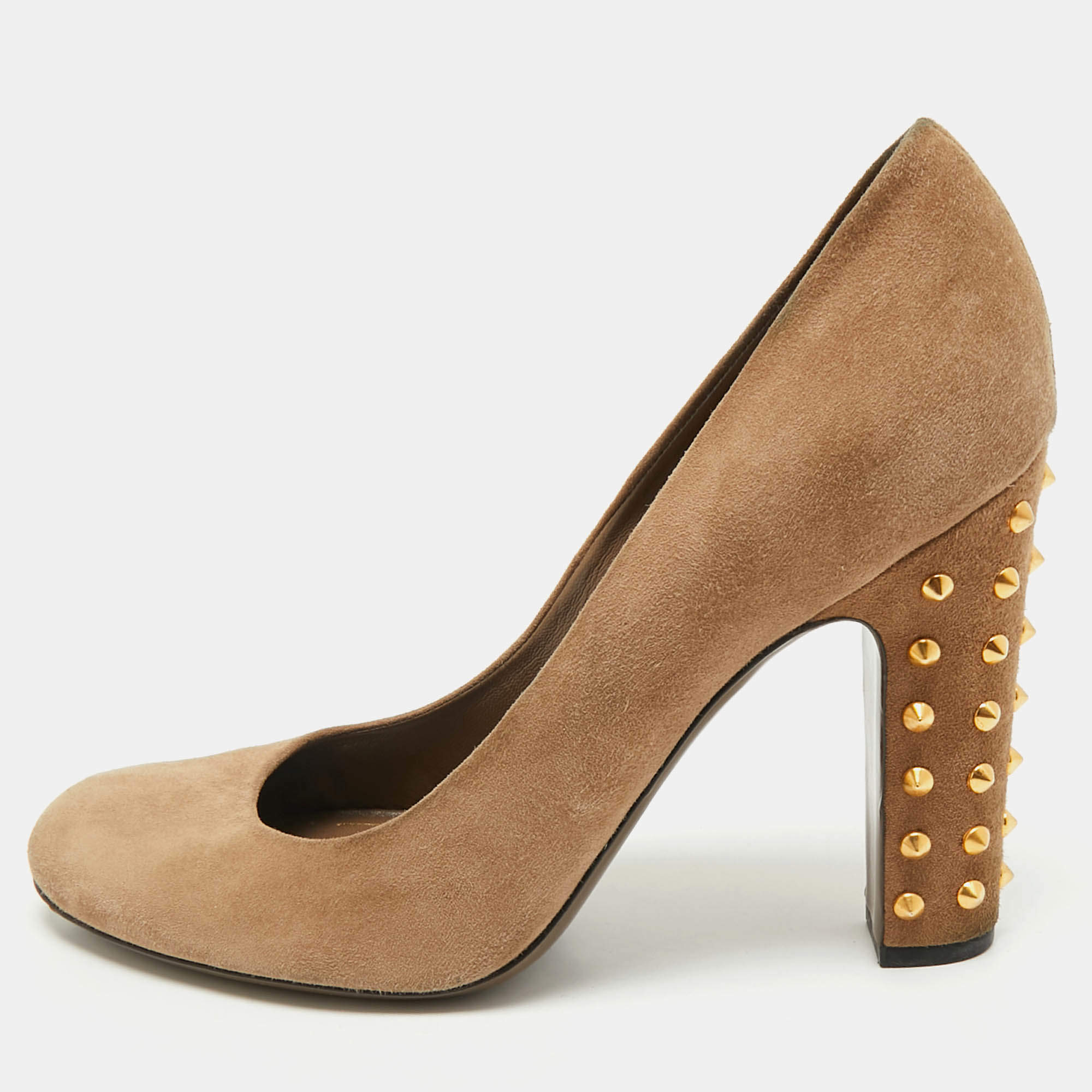 Pre Owned Gucci Brown Suede Jacqueline Studded Block Heel Pumps Size 39