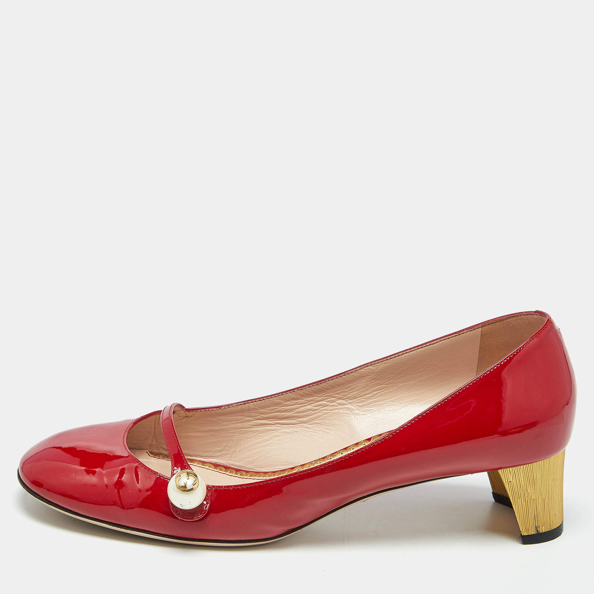 Pre Owned Gucci Red Patent Leather Interlocking G Pearl Pumps Size 40.5