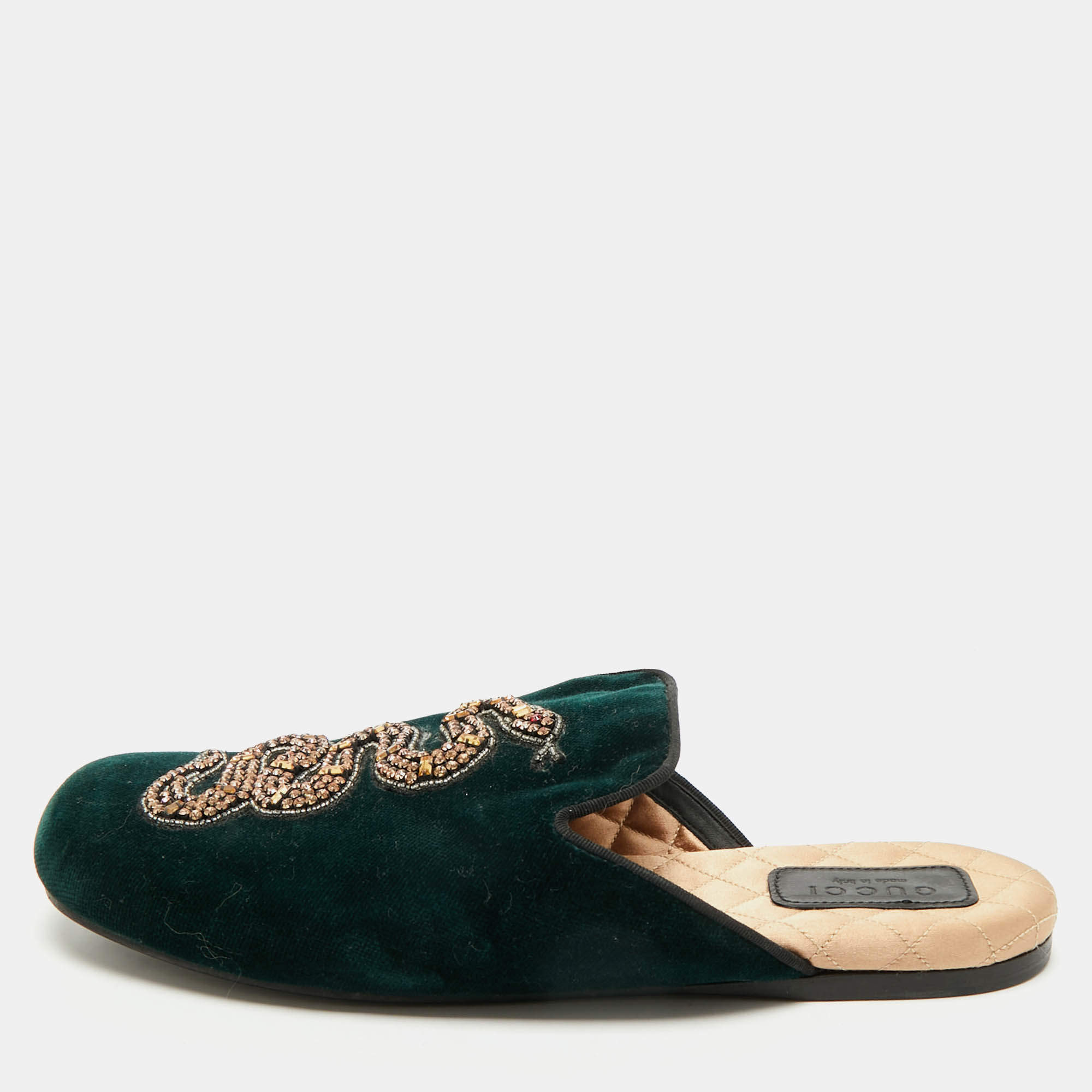 Pre Owned Gucci Dark Green Velvet Crystal Embellished Snake Flat Mules Size 38