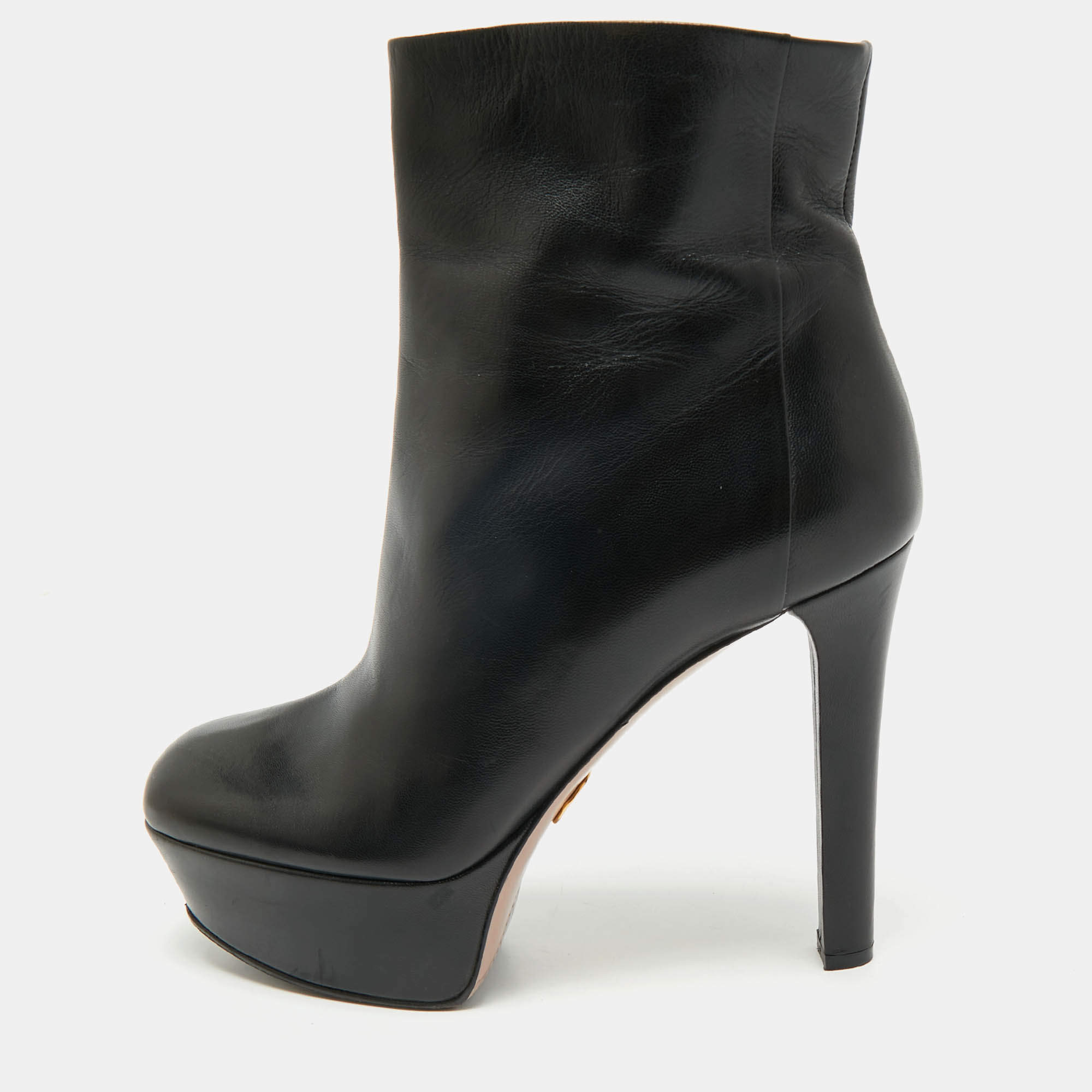 Pre Owned Gucci Black Leather Ankle Length Platform Boots Size 38
