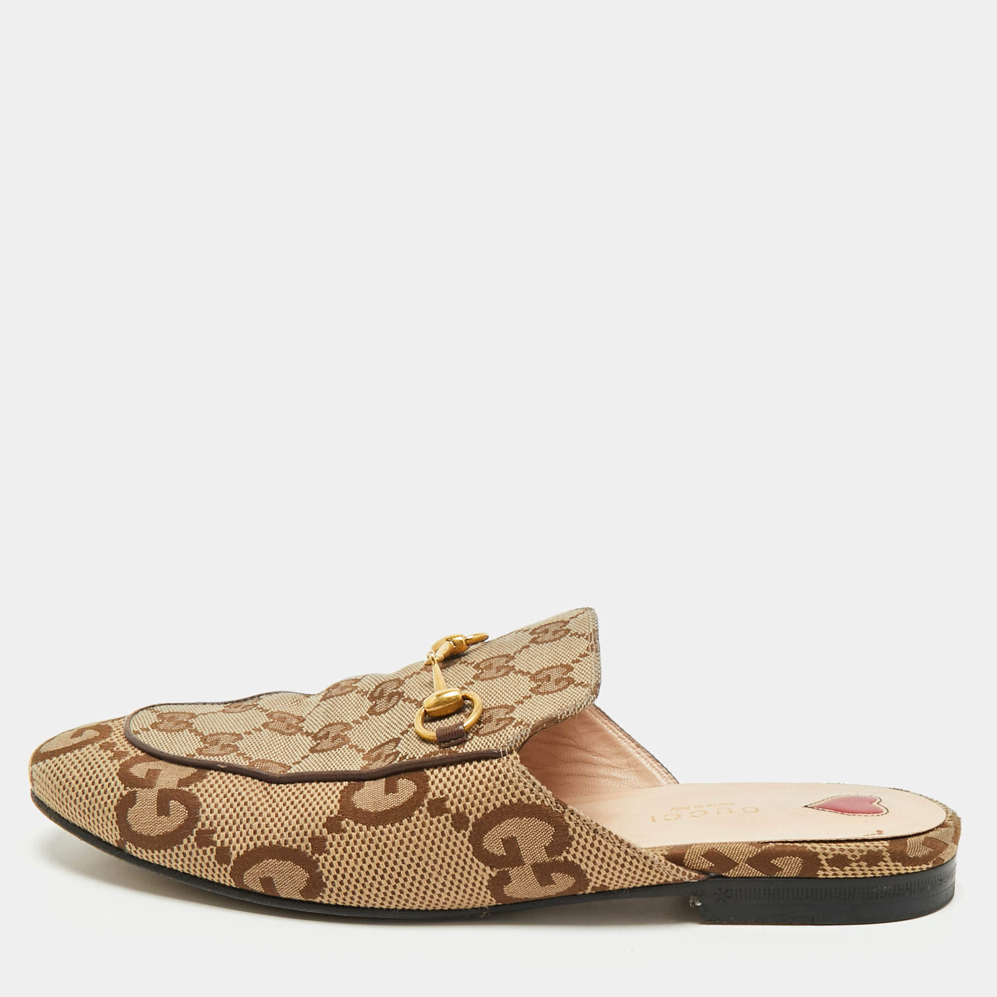 Pre Owned Gucci Beige/Brown GG Canvas Princetown Flat Mules Size 39