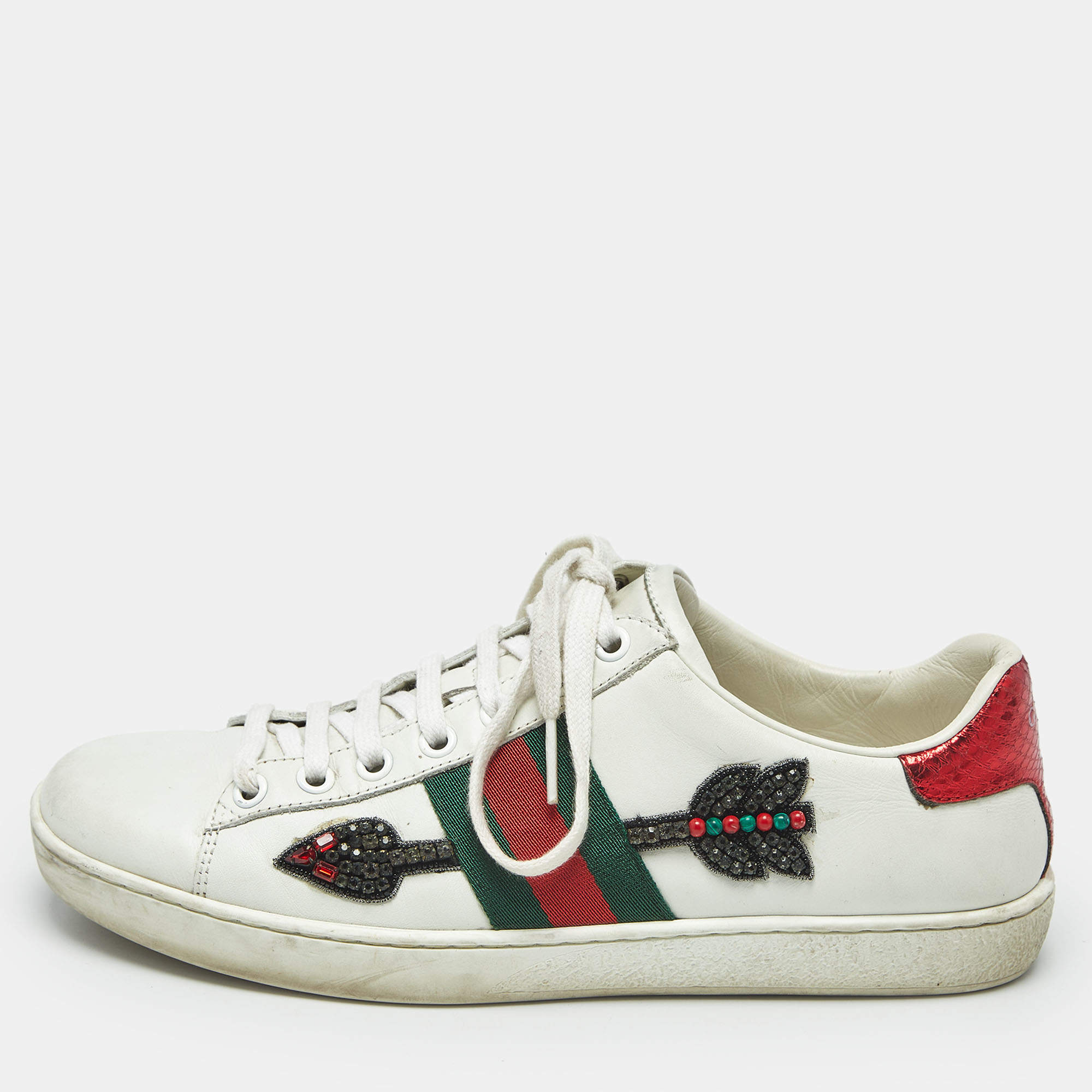 Pre Owned Gucci White Leather Arrow Embellished Web Ace Low Top Sneakers Size 37
