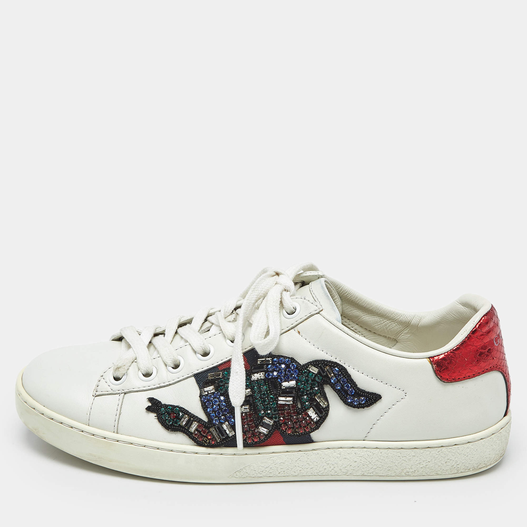 Pre Owned Gucci White Leather Snake Embellished Web Ace Low Top Sneakers Size 36