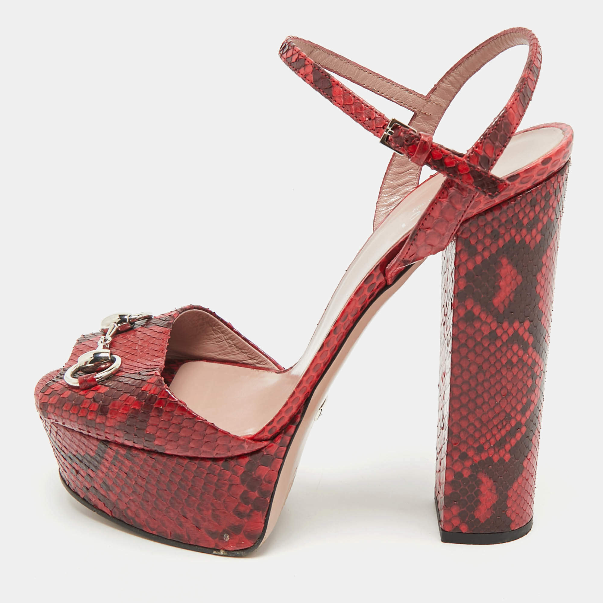 Pre Owned Gucci Red/Burgundy Python Leather Claudie Horsebit Platform Sandals Size 39