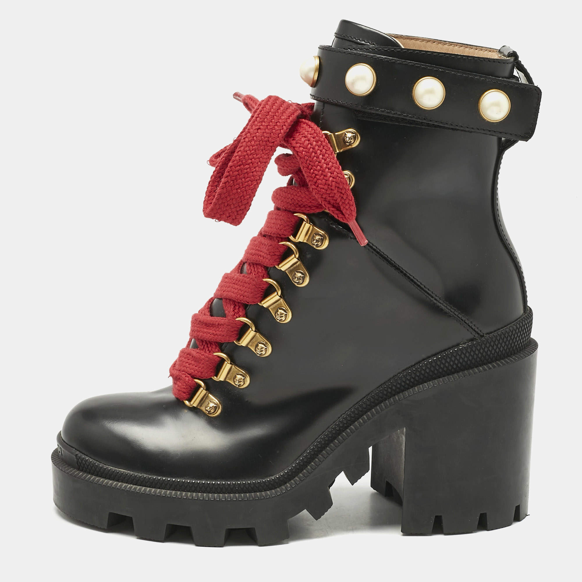 Pre Owned Gucci Black Leather Faux Pearl Embellished Trip Ankle Length Boots Size 35