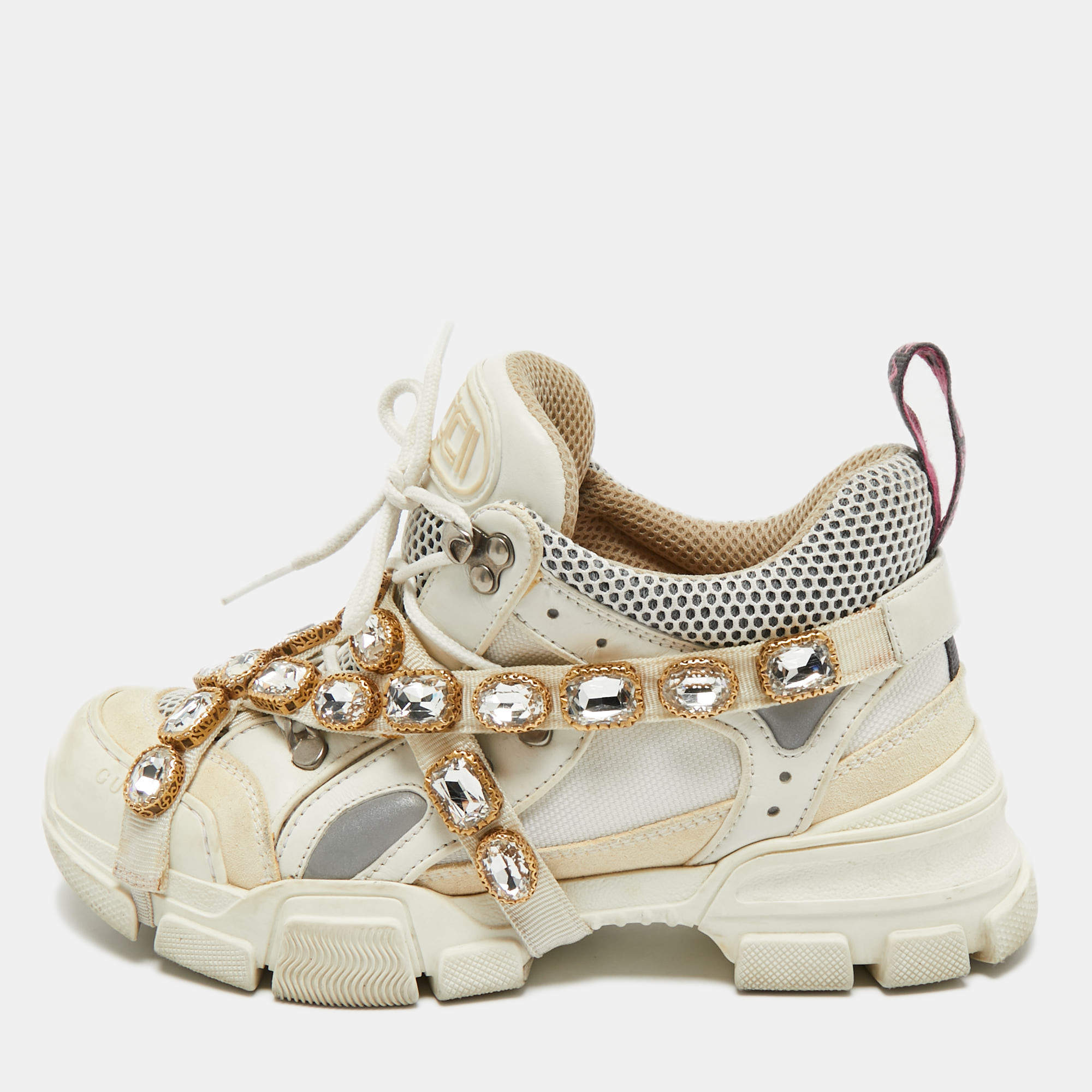 Pre Owned Gucci White Suede and Leather Flashtrek Chunky Sneakers Size 38