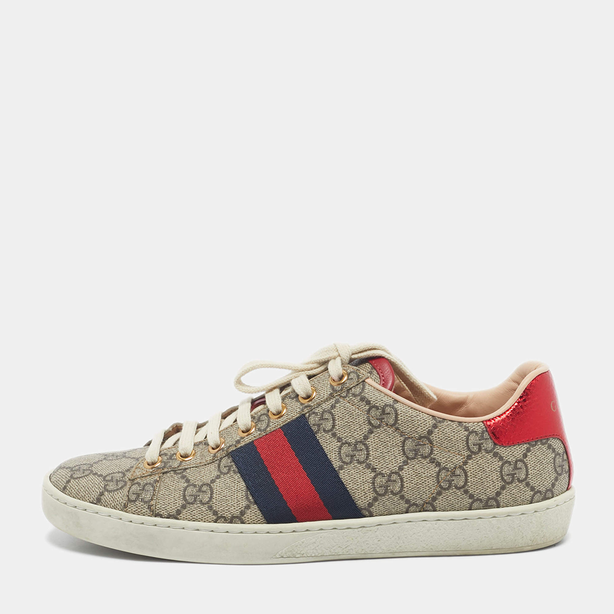 Pre Owned Gucci Red/Beige GG Canvas Ace Low Top Sneakers Size 36.5