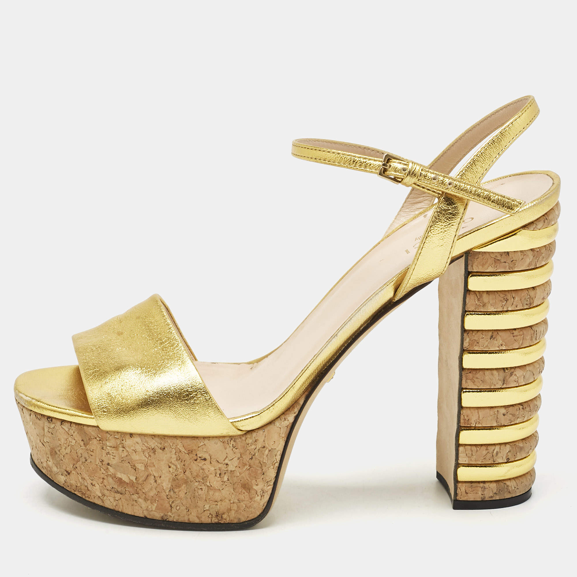 Pre Owned Gucci Gold Leather Platform Block Heel Ankle Strap Sandals Size 39