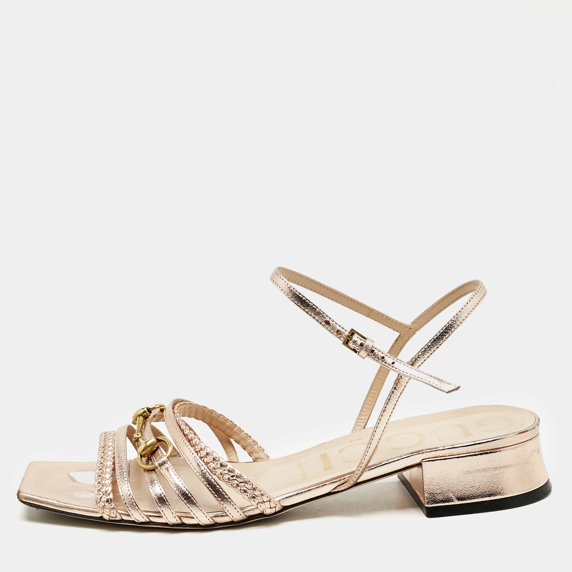 Pre Owned Gucci Rose Gold Leather Ketty Ankle Wrap Sandals Size 40