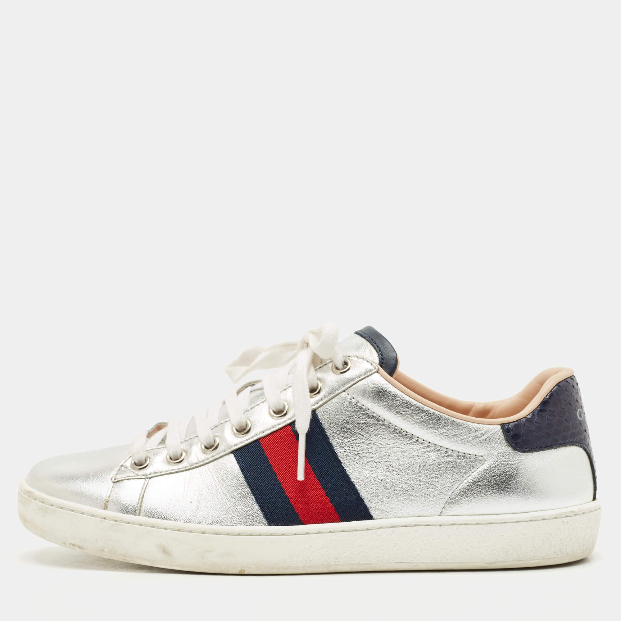 Pre Owned Gucci Silver Leather Web Detail Ace Low Top Sneakers Size 37