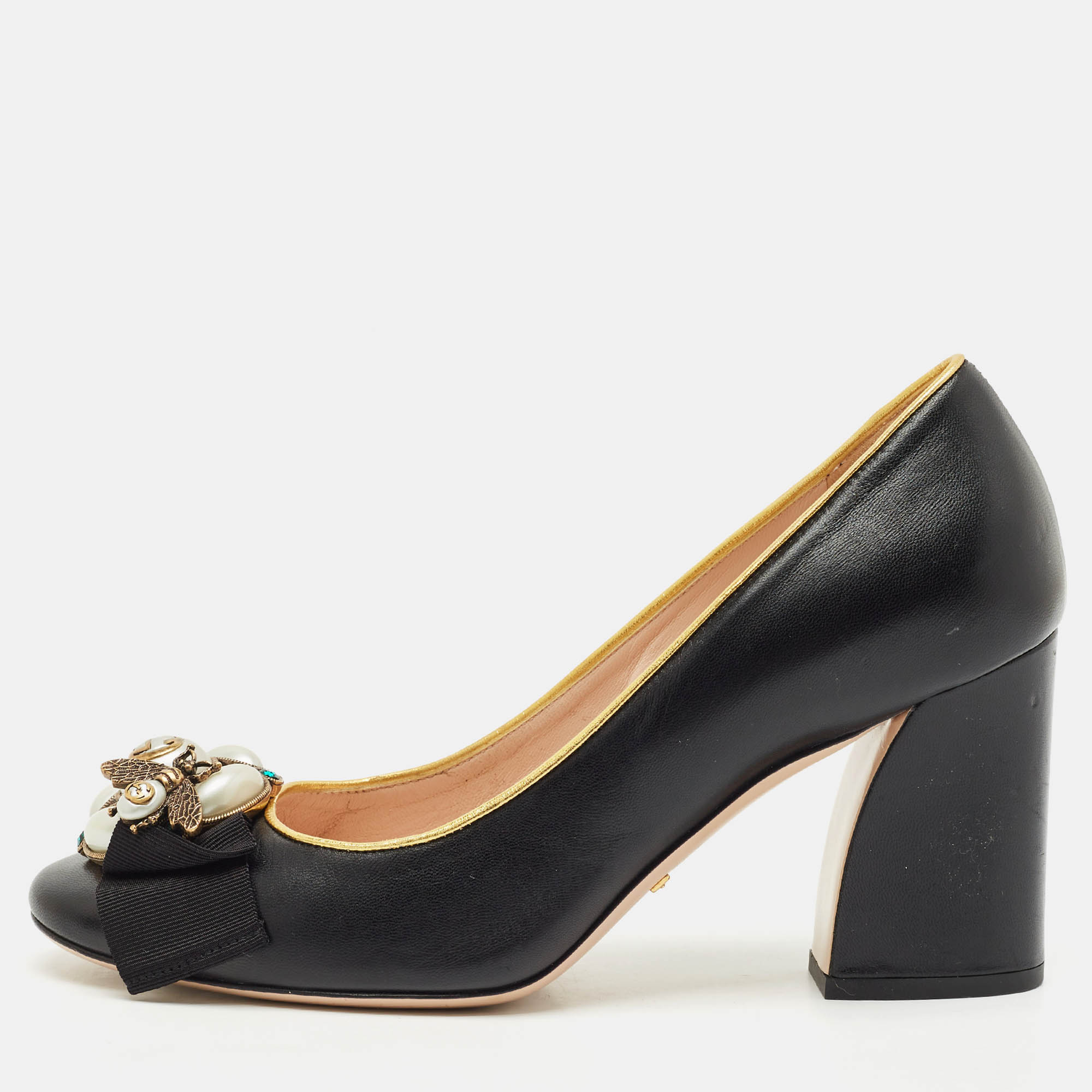 Pre Owned Gucci Black/Gold Leather Bee Pearl Embellished Block Heel Pumps Size 37