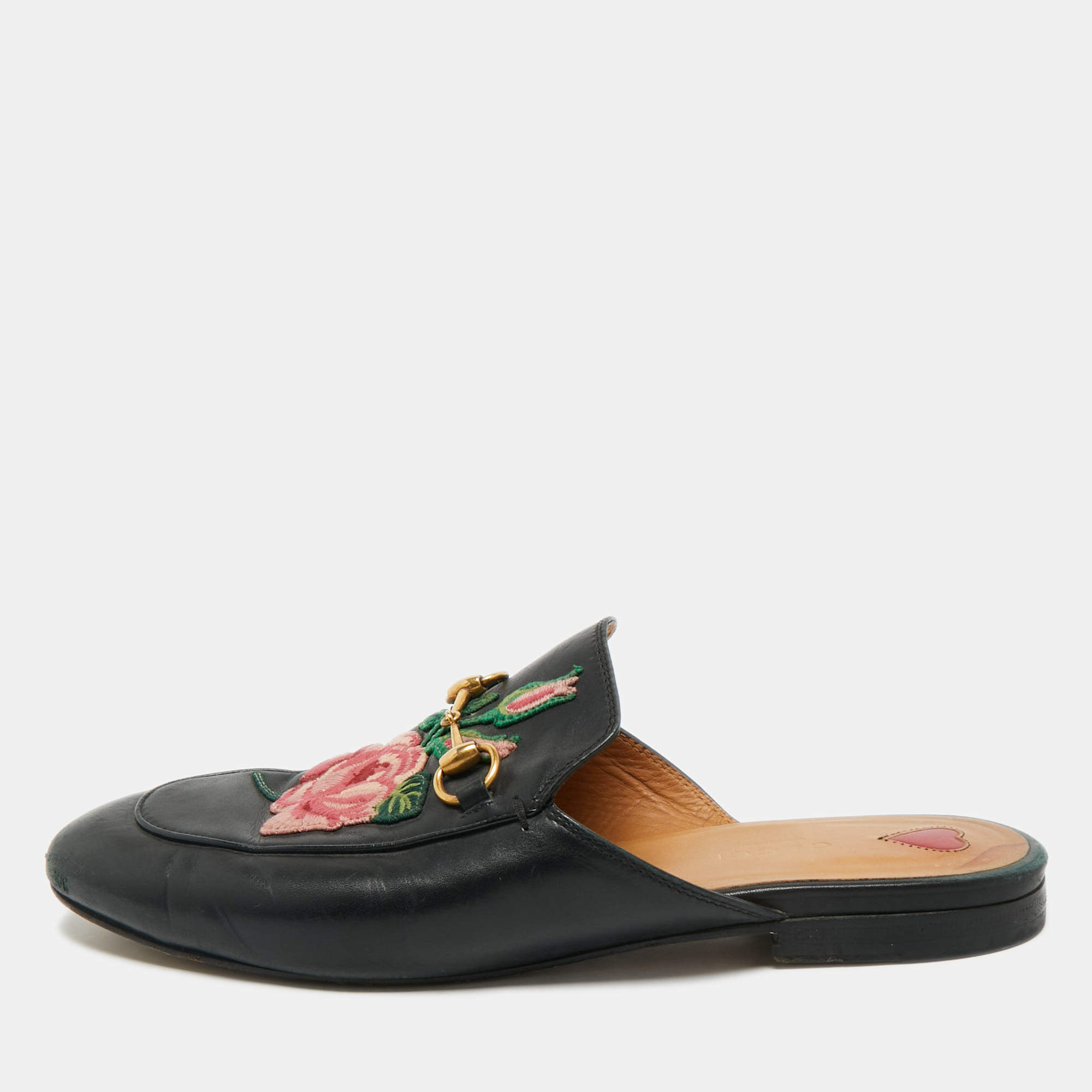Pre Owned Gucci Black Leather Rose Embroidered Princetown Flat Mules Size 40