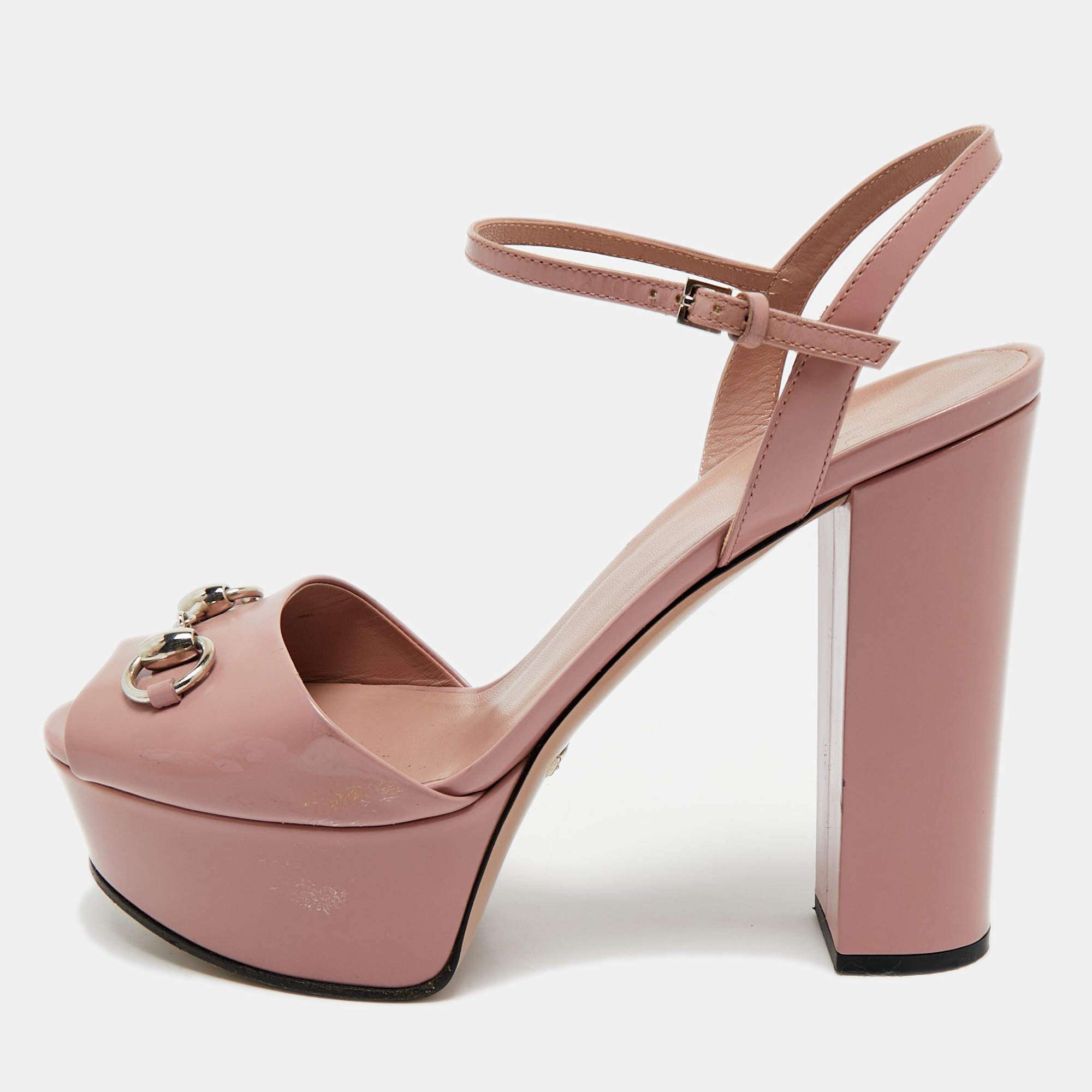 Pre Owned Gucci Pink Leather Horsebit Ankle Strap Platform Sandals Size 39