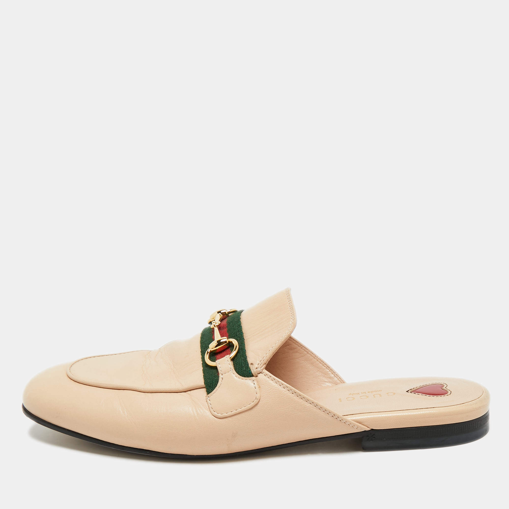 Pre Owned Gucci Beige Leather Princetown Horsebit Flat Mules Size 38