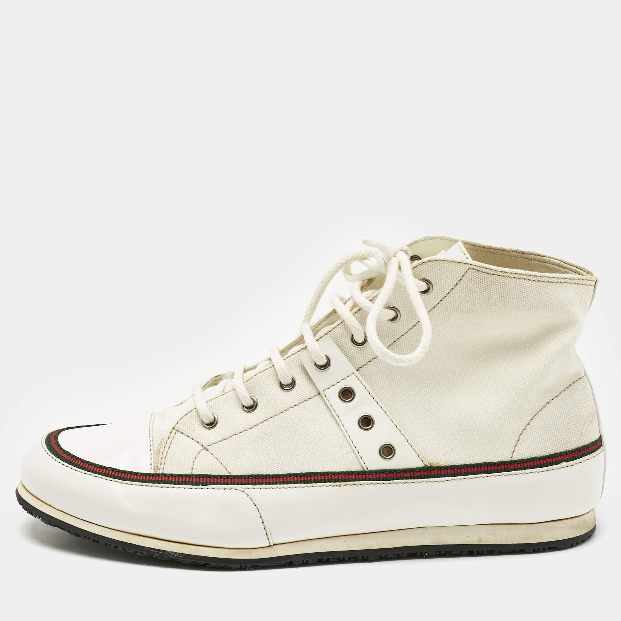 Pre Owned Gucci White Canvas and Leather High Top Sneakers Size 38.5