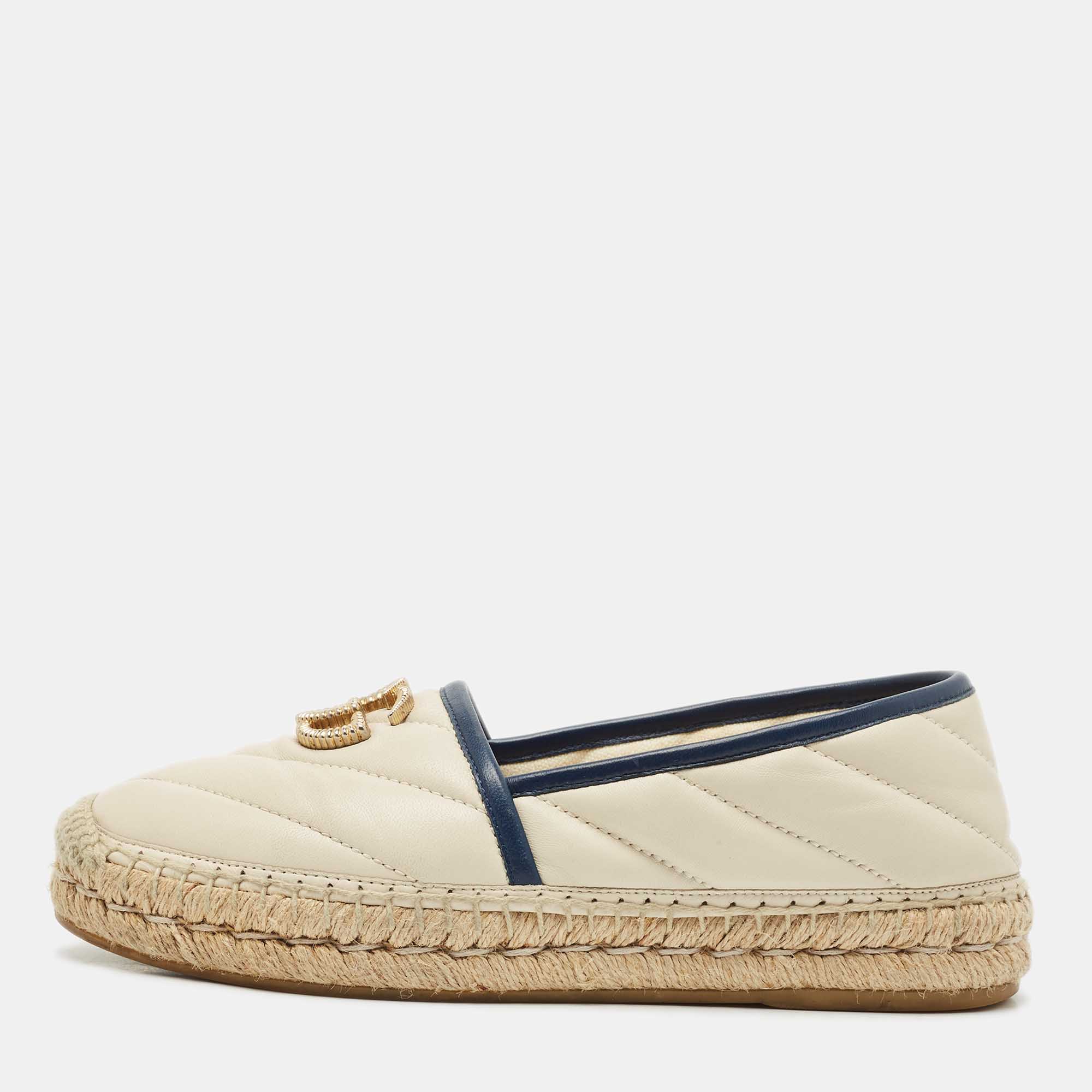 Pre Owned Gucci Beige/Navy Blue Quilted Leather GG Marmont Flat Espadrilles Size 36