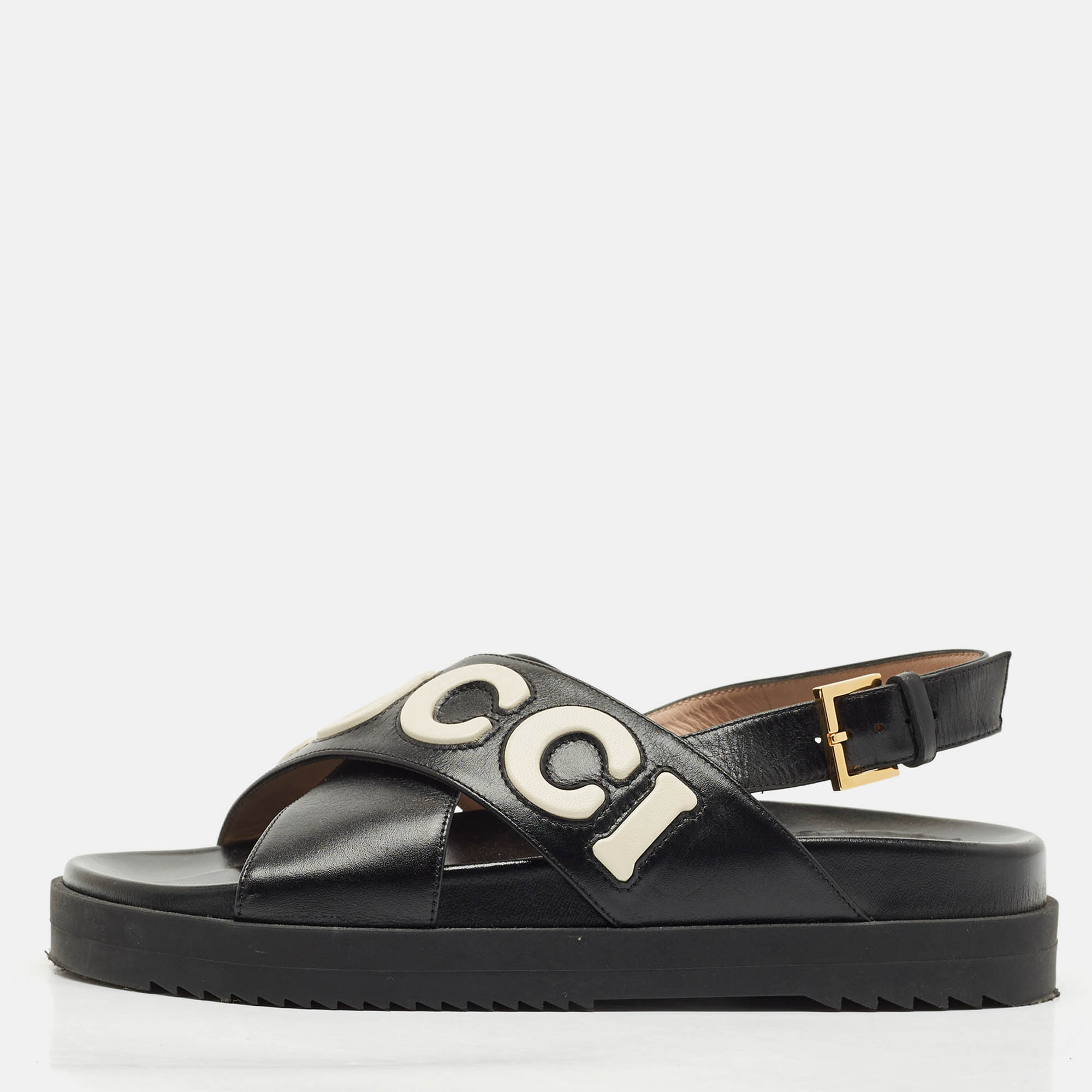 Pre Owned صندل غوتشي حزام خلفي مسطح جلد أبيض/أسود مقاس 38.5