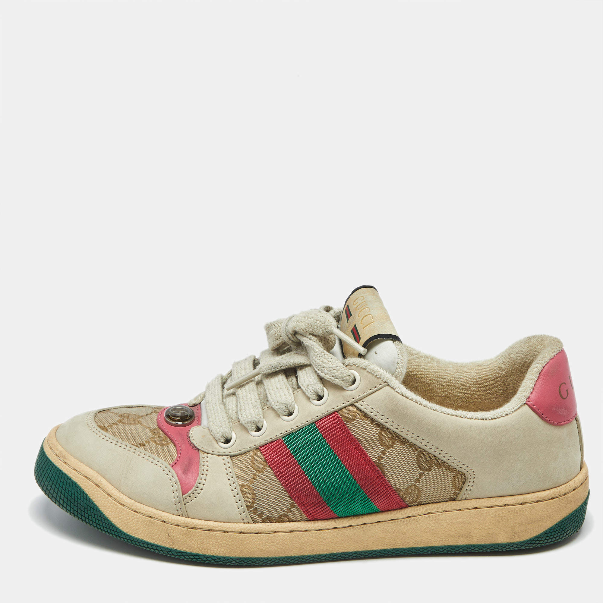 Pre Owned Gucci Multicolor Nubuck Leather and GG Canvas Screener Sneakers Size 37.5