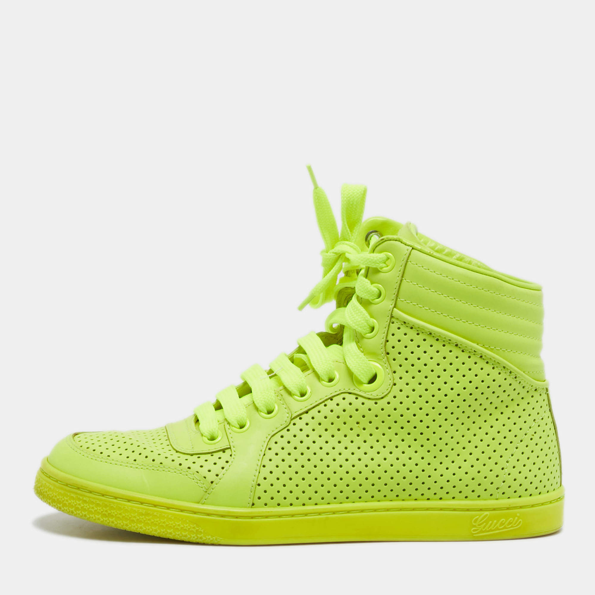 Pre Owned Gucci Neon Yellow Perforated Leather Coda High Top Sneakers Size 35.5