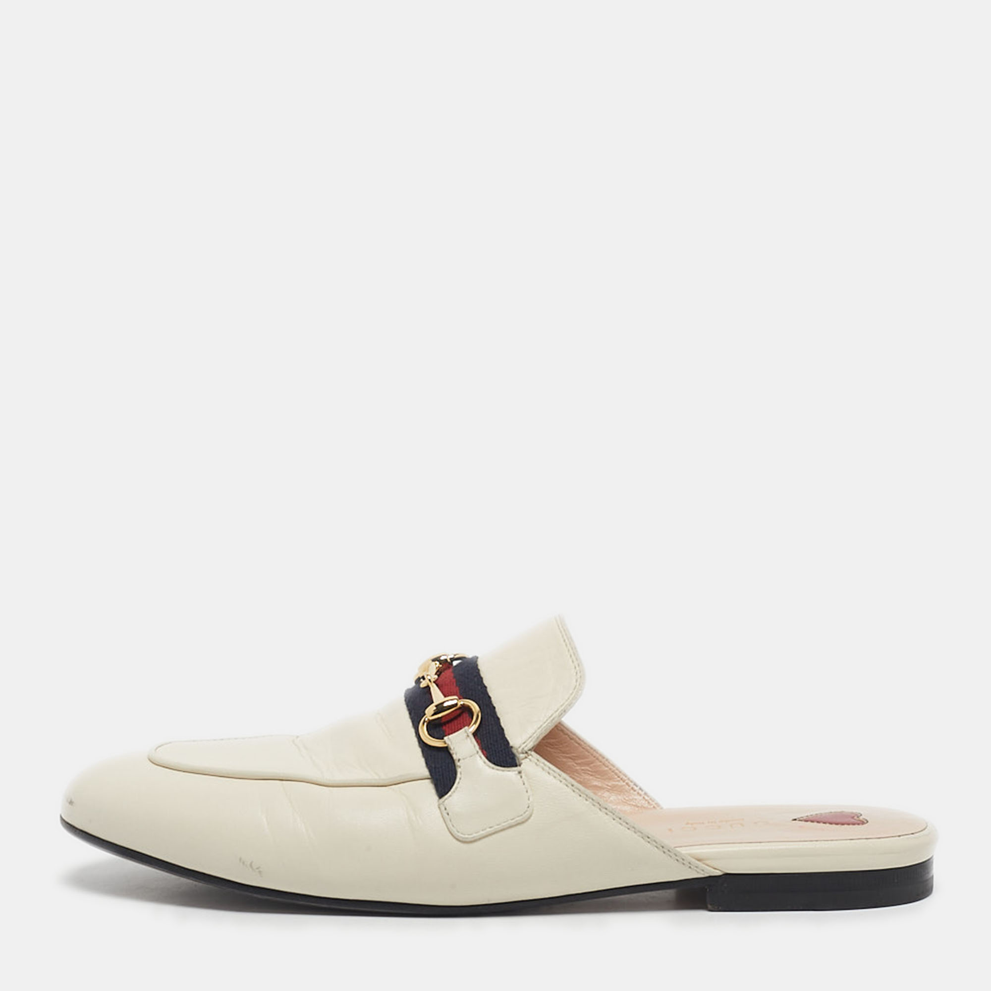 Pre Owned Gucci Off White Leather Princetown Flat Mules Size 38.5