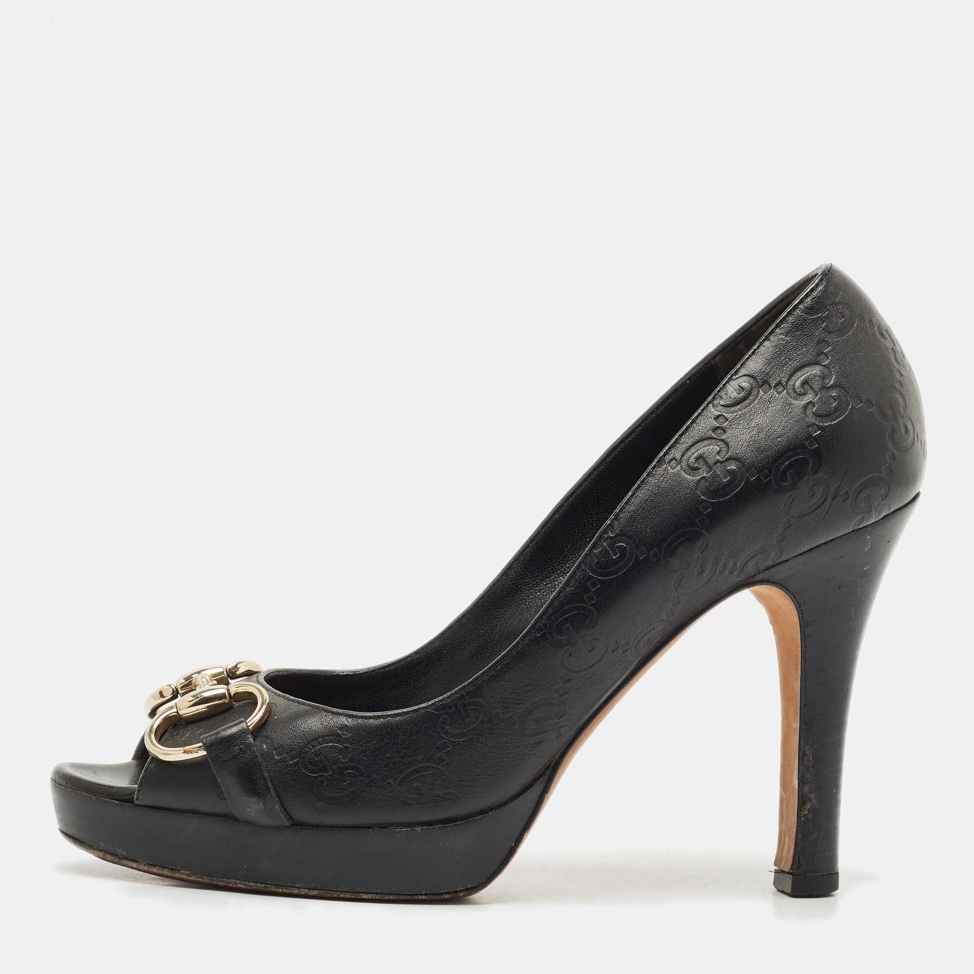 Pre Owned Gucci Black Guccissima Leather Horsebit Peep Toe Pumps Size 37
