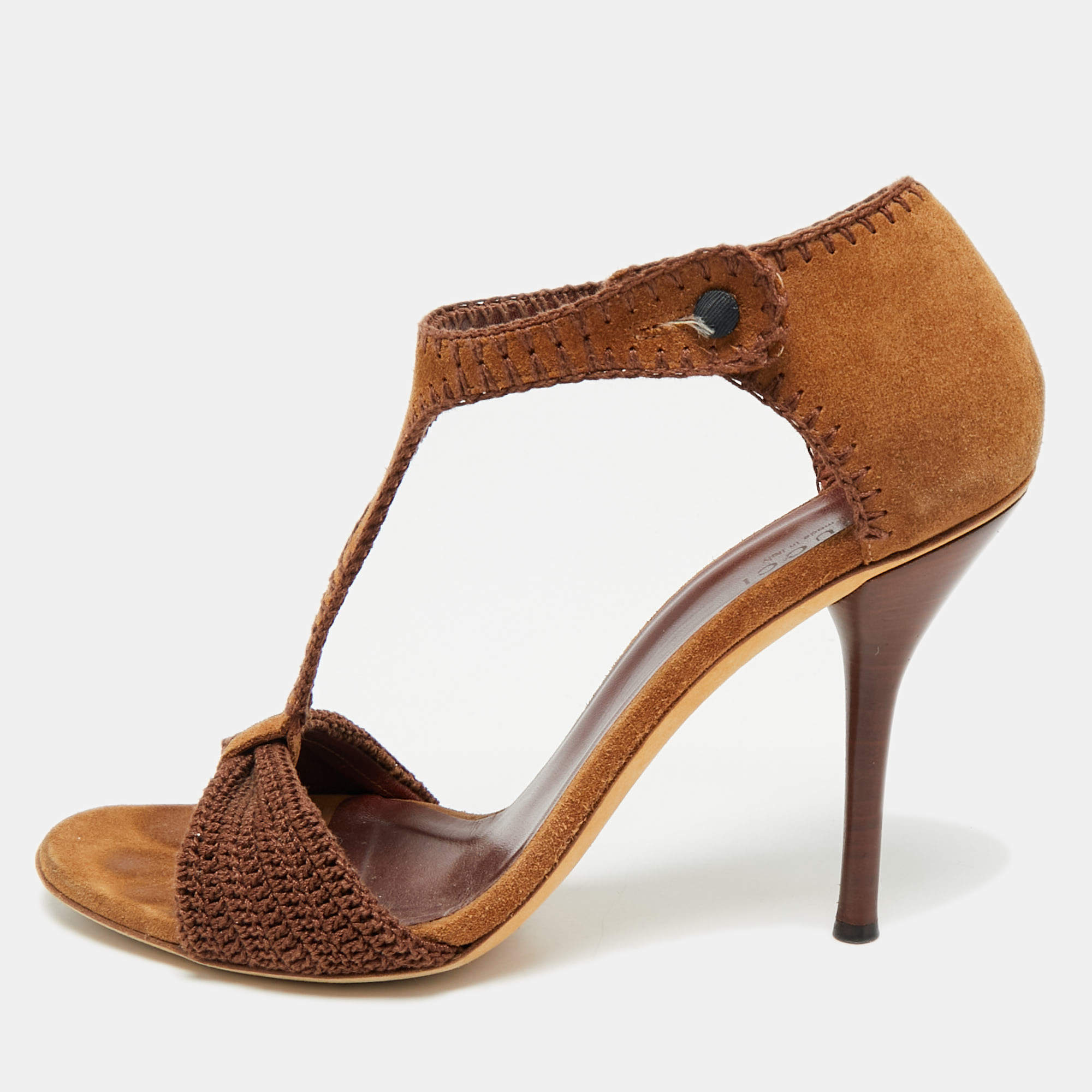 Pre Owned Gucci Dark Brown Suede and Knit Fabric T-Strap Sandals Size 39.5