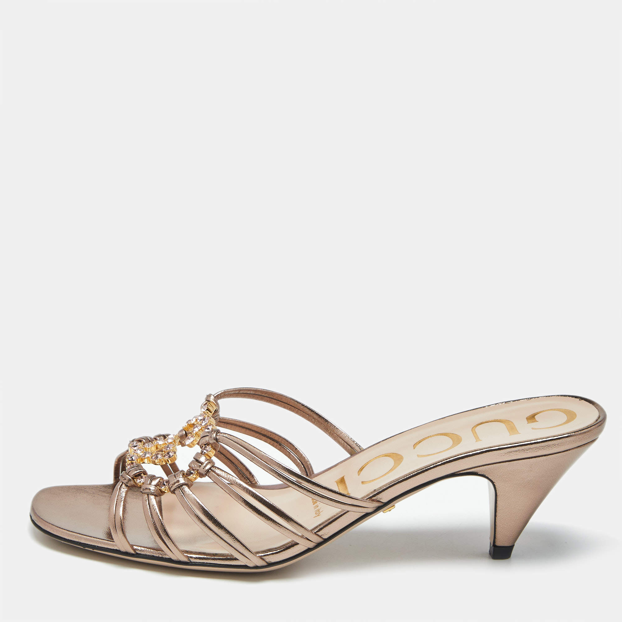 Pre Owned Gucci Rose Gold Leather Interlocking G Slide Sandals Size 36.5