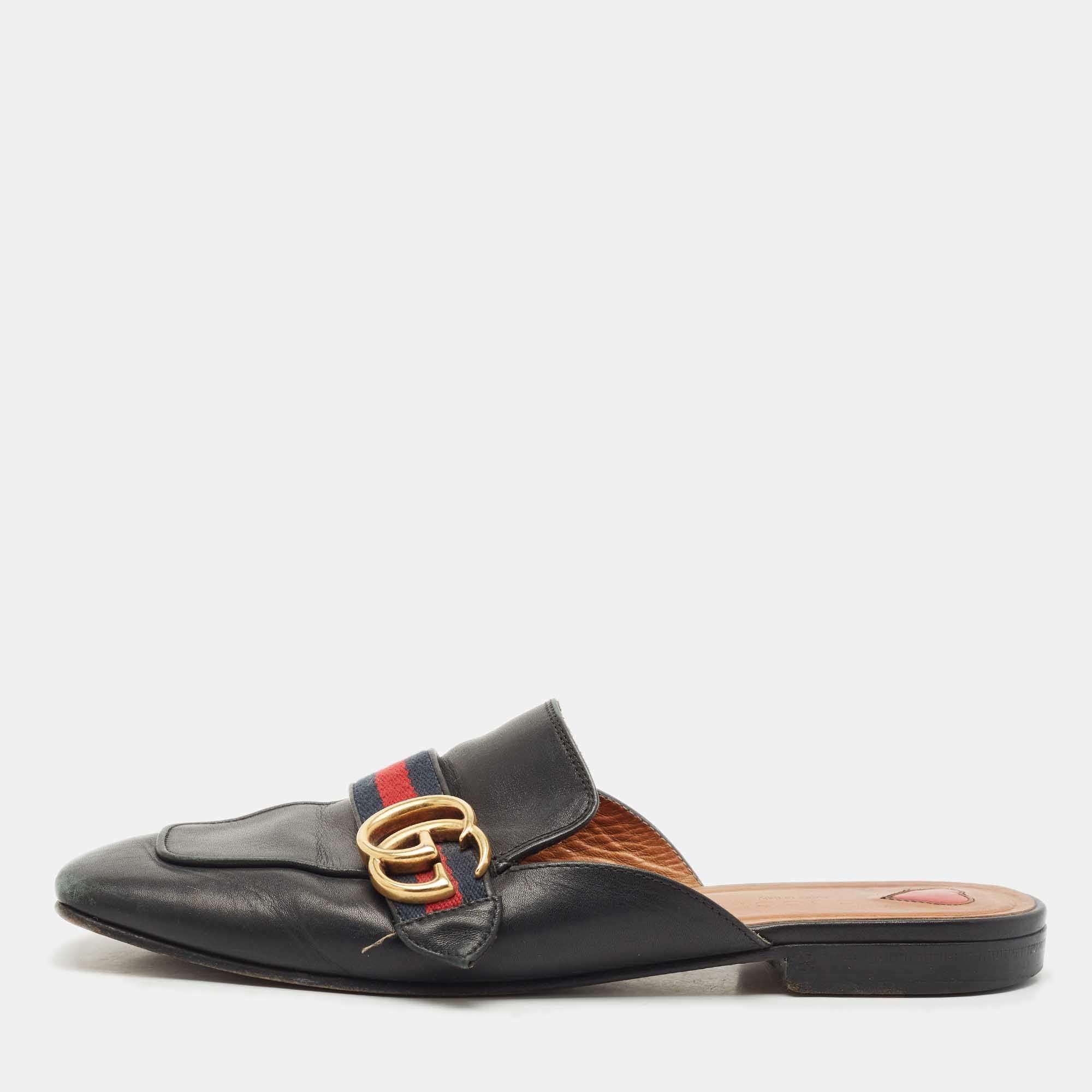 Pre Owned Gucci Black Leather Peyton GG Web Mules Size 38