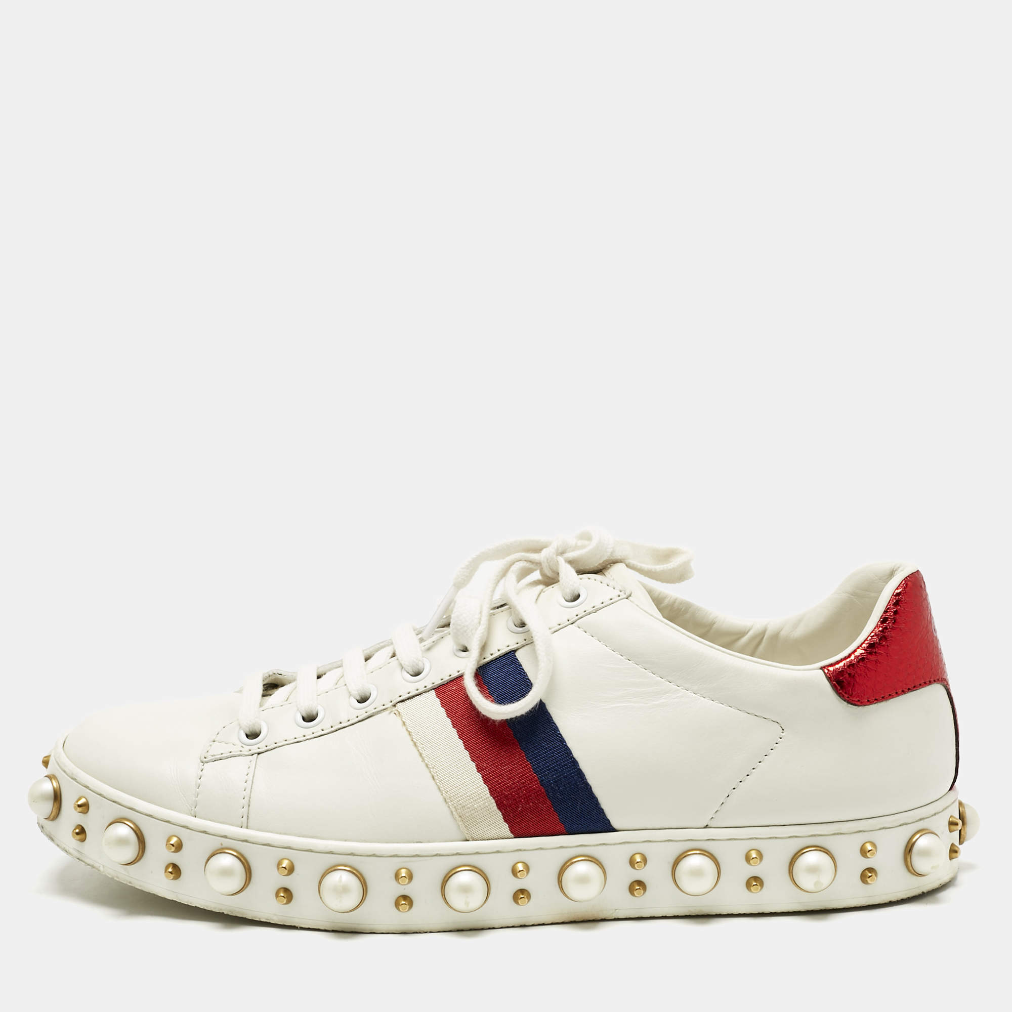 Pre Owned Gucci White Leather Pearl Studded Ace Sneakers Size 41
