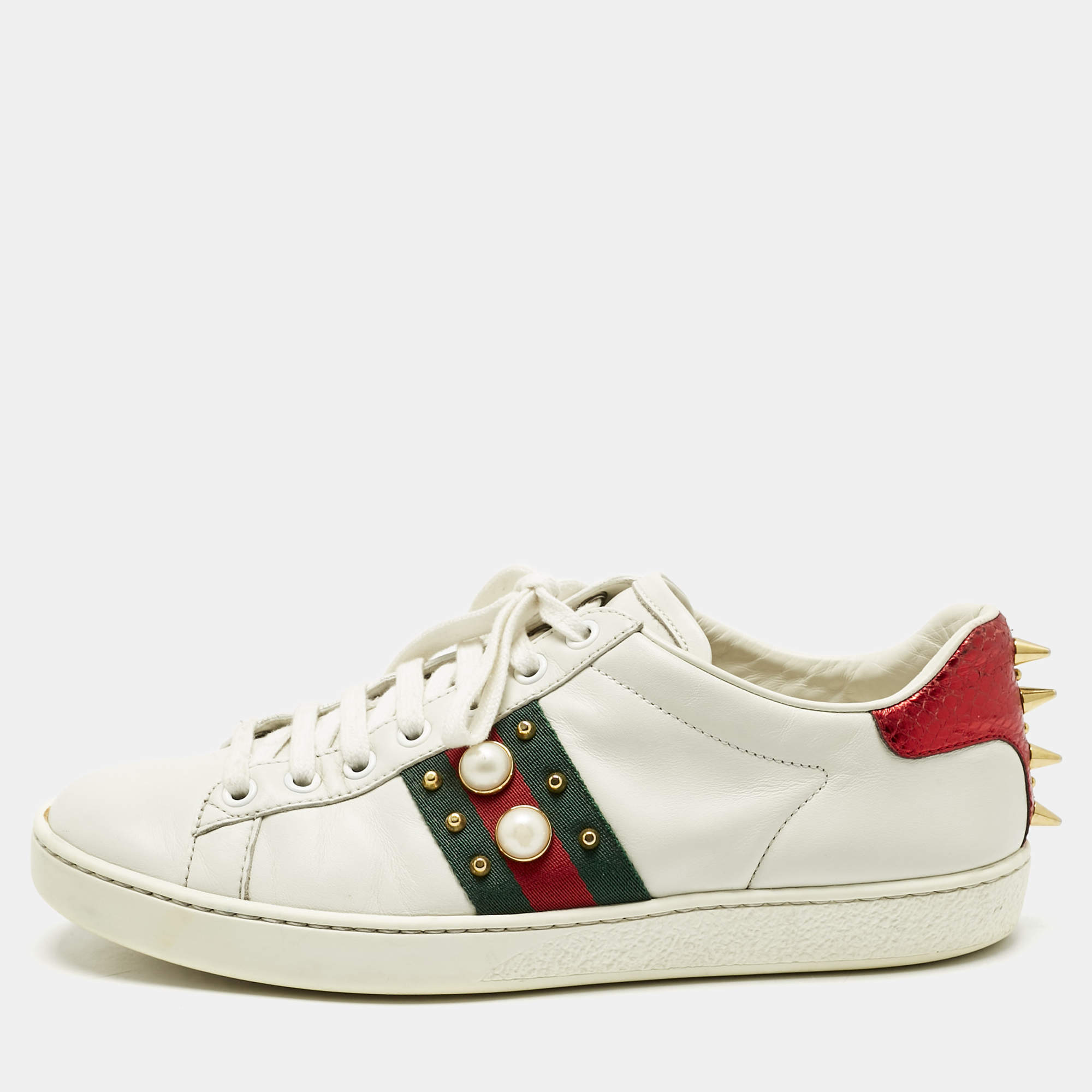 Pre Owned Gucci White Leather Pearl Studded Ace Sneakers Size 37.5