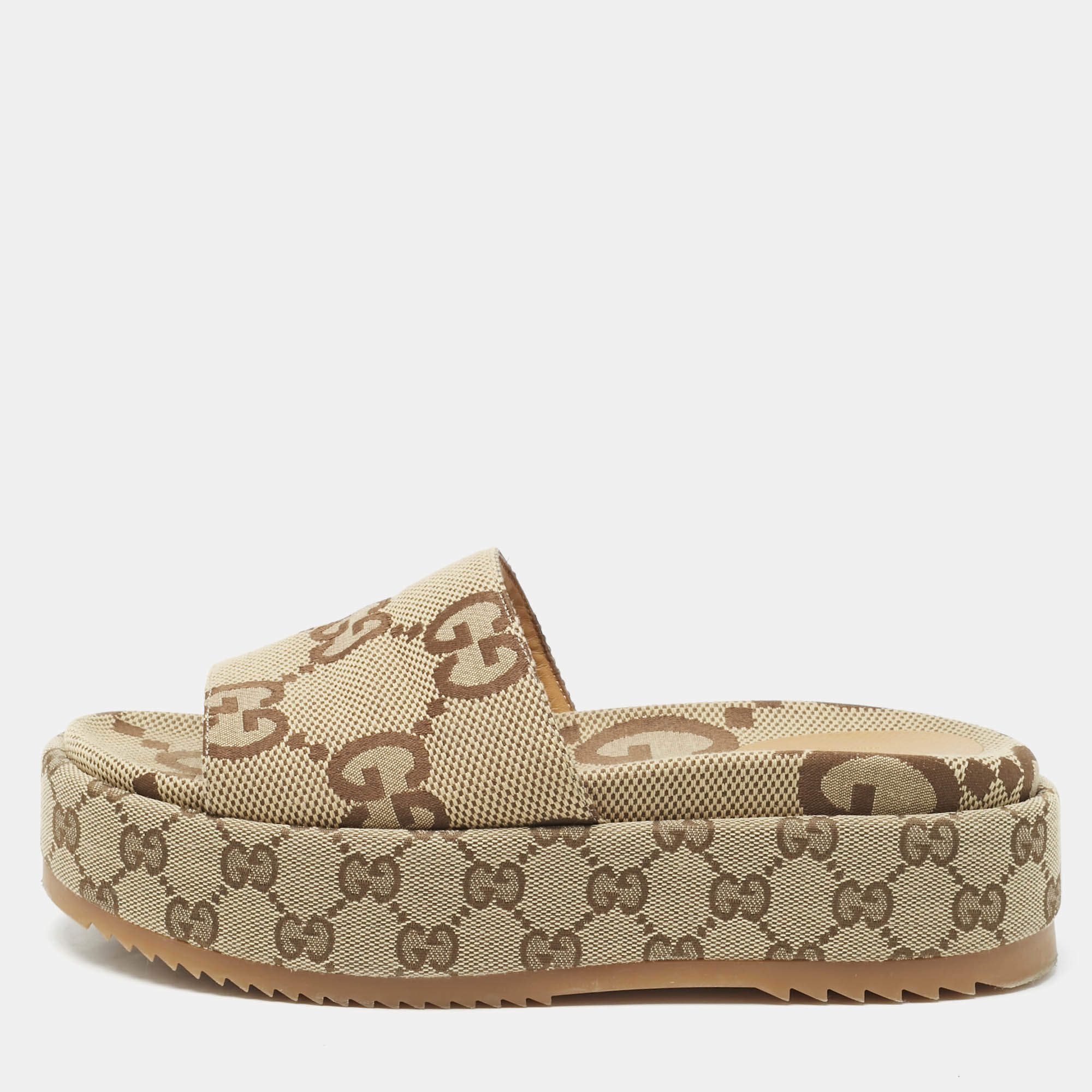 Pre Owned Gucci Beige GG Supreme Canvas Angelina Platform Sandals Size 38