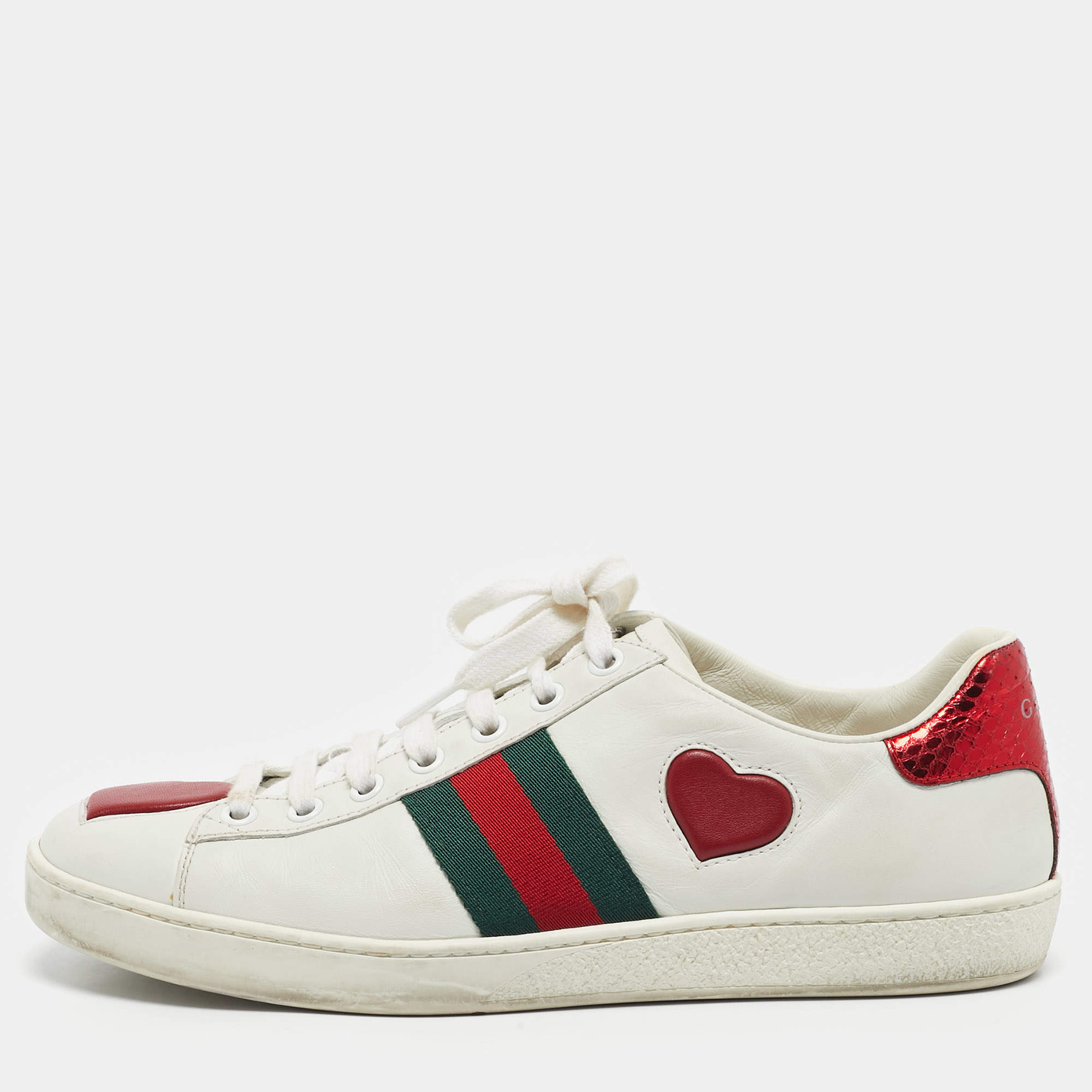 Pre Owned Gucci White Leather Heart Detail Ace Sneaker Size 38