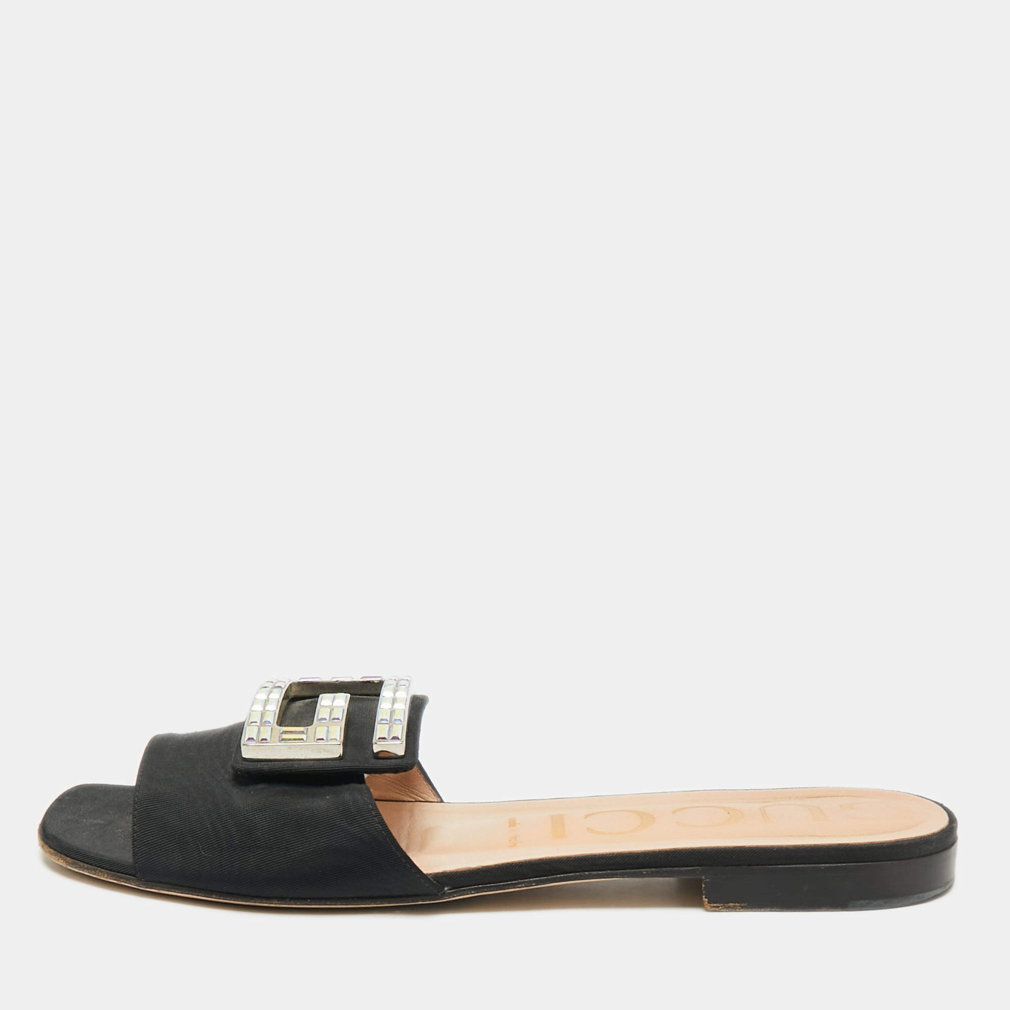 مملوكة مسبقًا Gucci Black Canvas Crystal G Flat Sandals Size 39