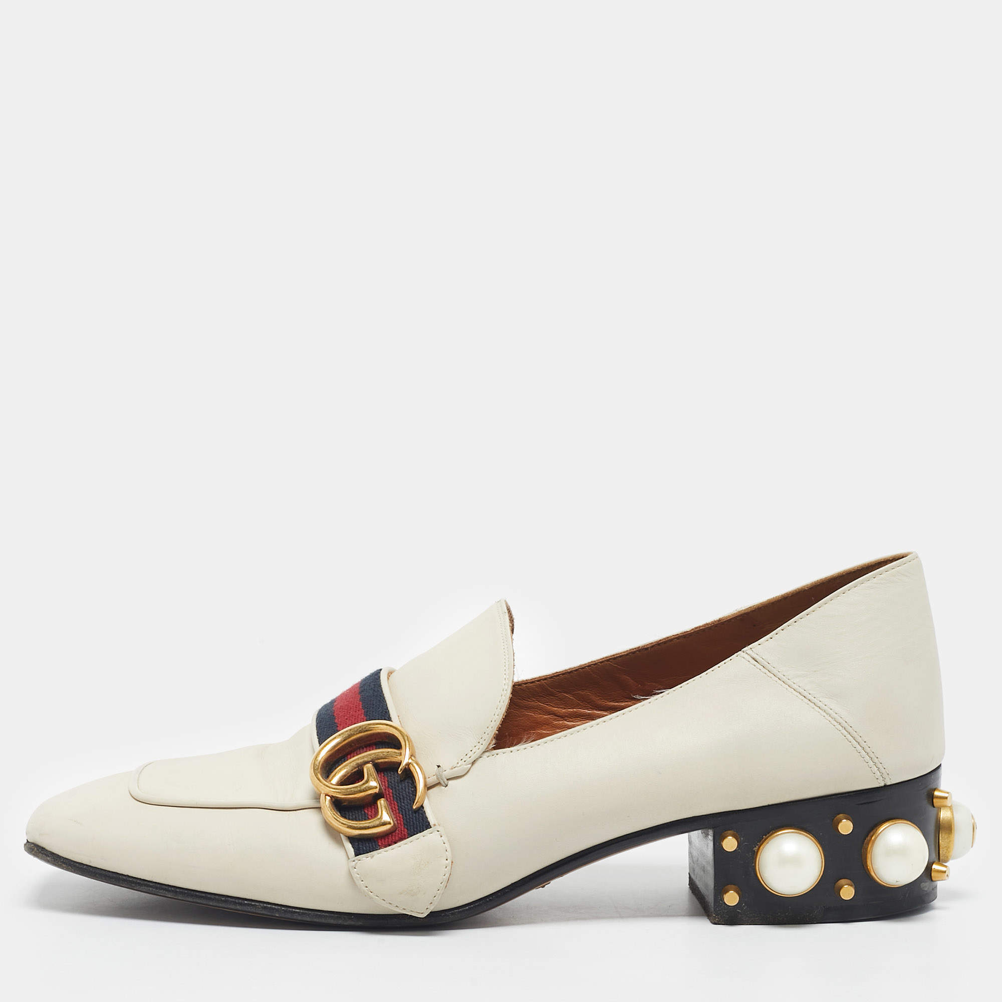 Pre Owned Gucci Ivory Leather Peyton Pearl Embellished Loafers Size 40