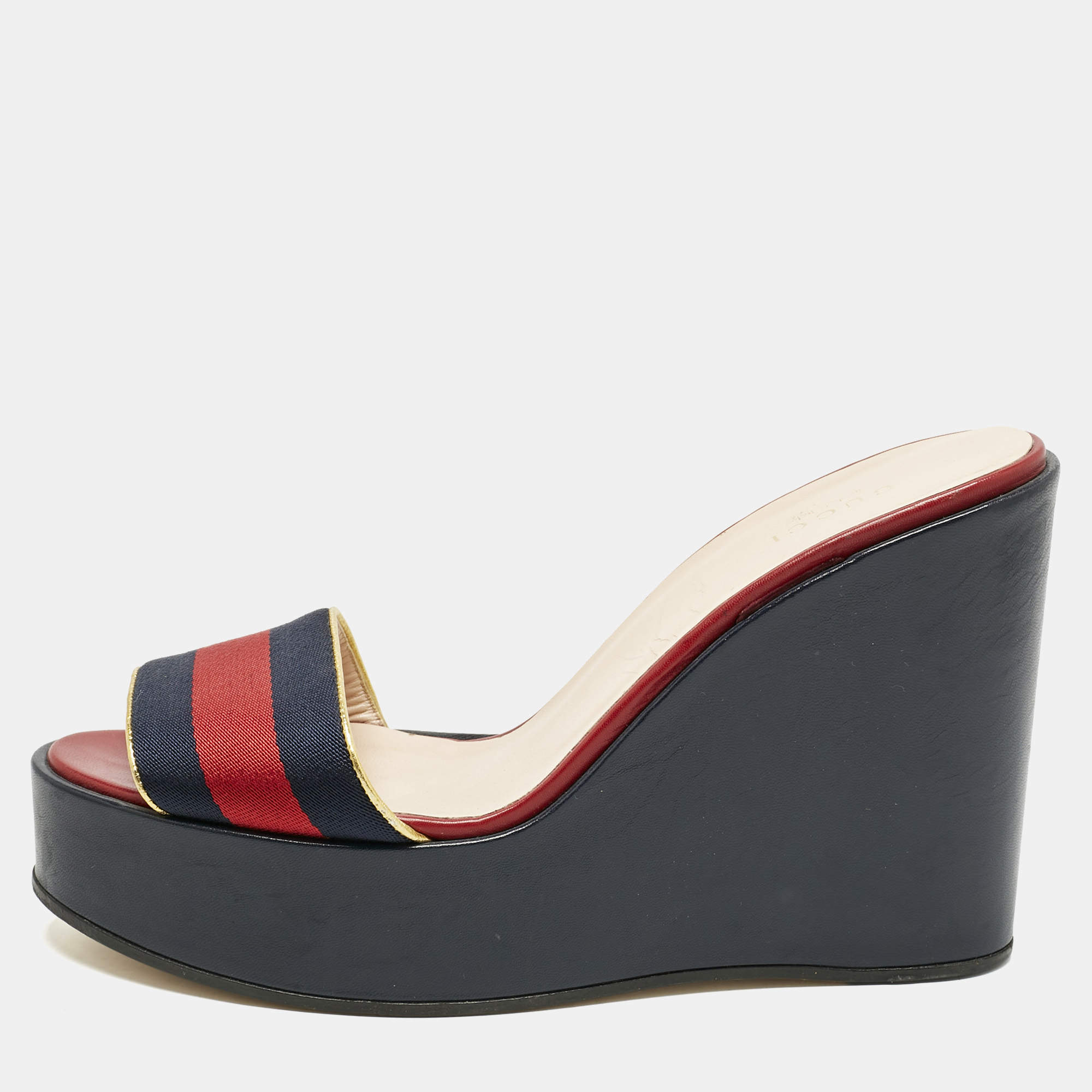 Pre Owned Gucci Multicolor GG Canvas and Leather Wedge Sandals Size 39.5