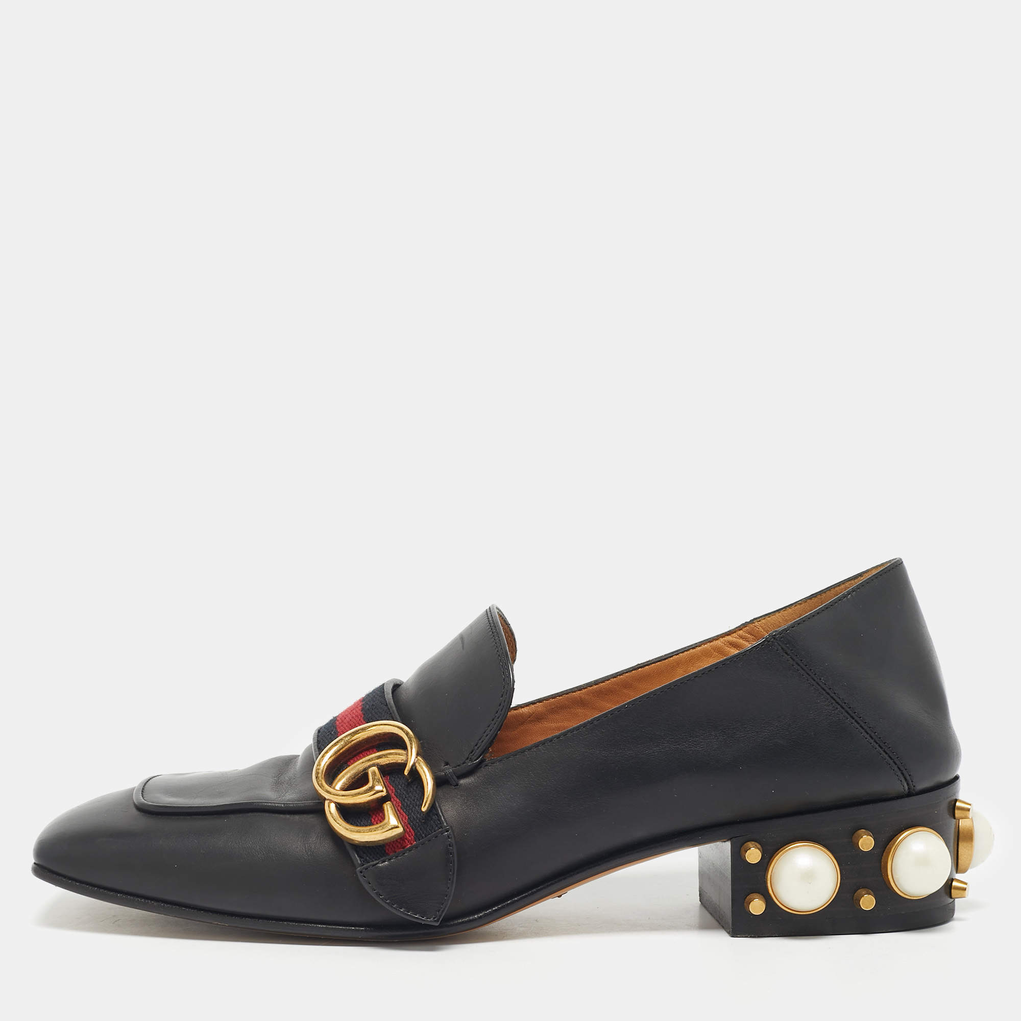 Pre Owned Gucci Black Leather Peyton GG Sylvie Pearl Studded Loafer Size 39