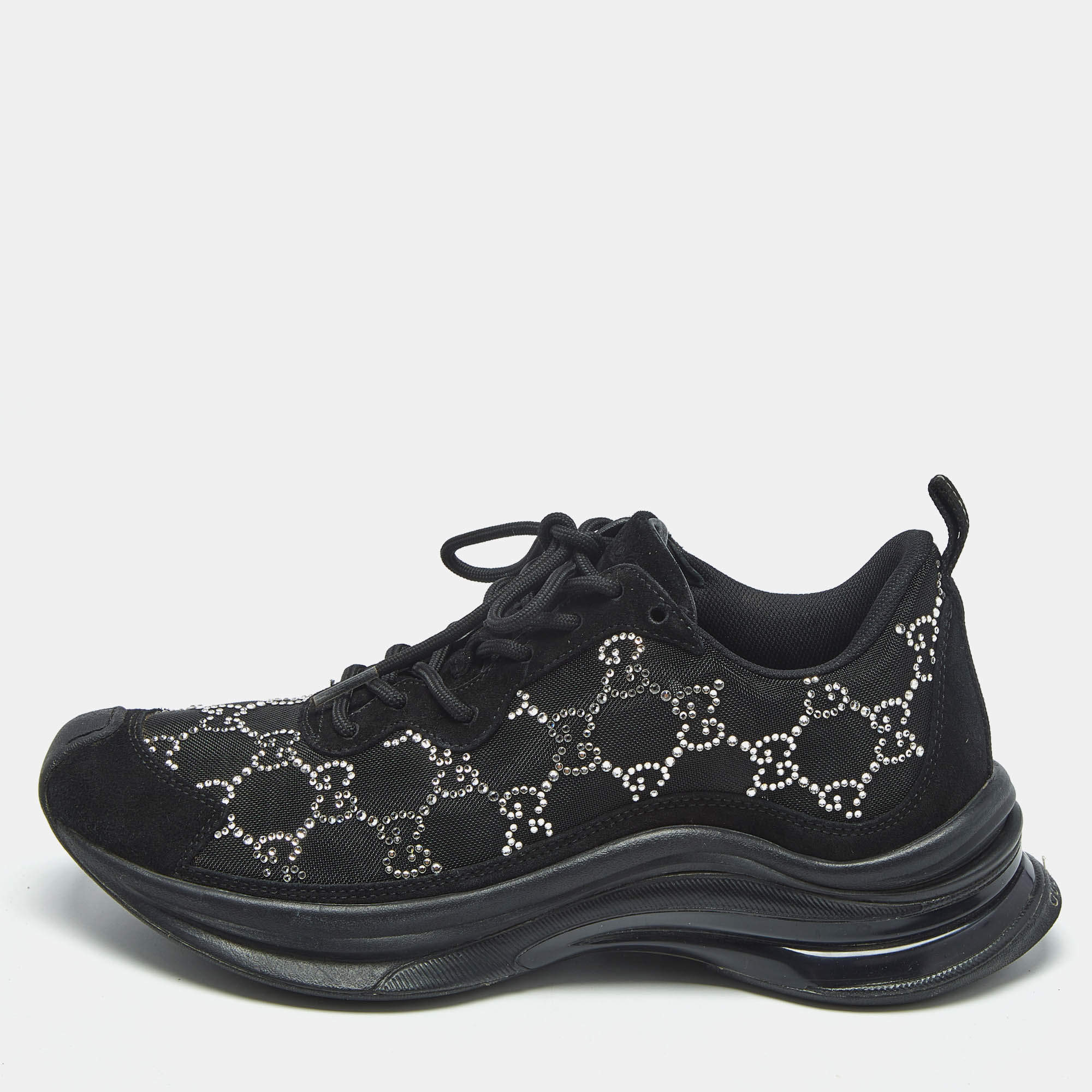 Pre Owned Gucci Black Mesh and Suede Run Crystal Embellished Sneakers Size 38