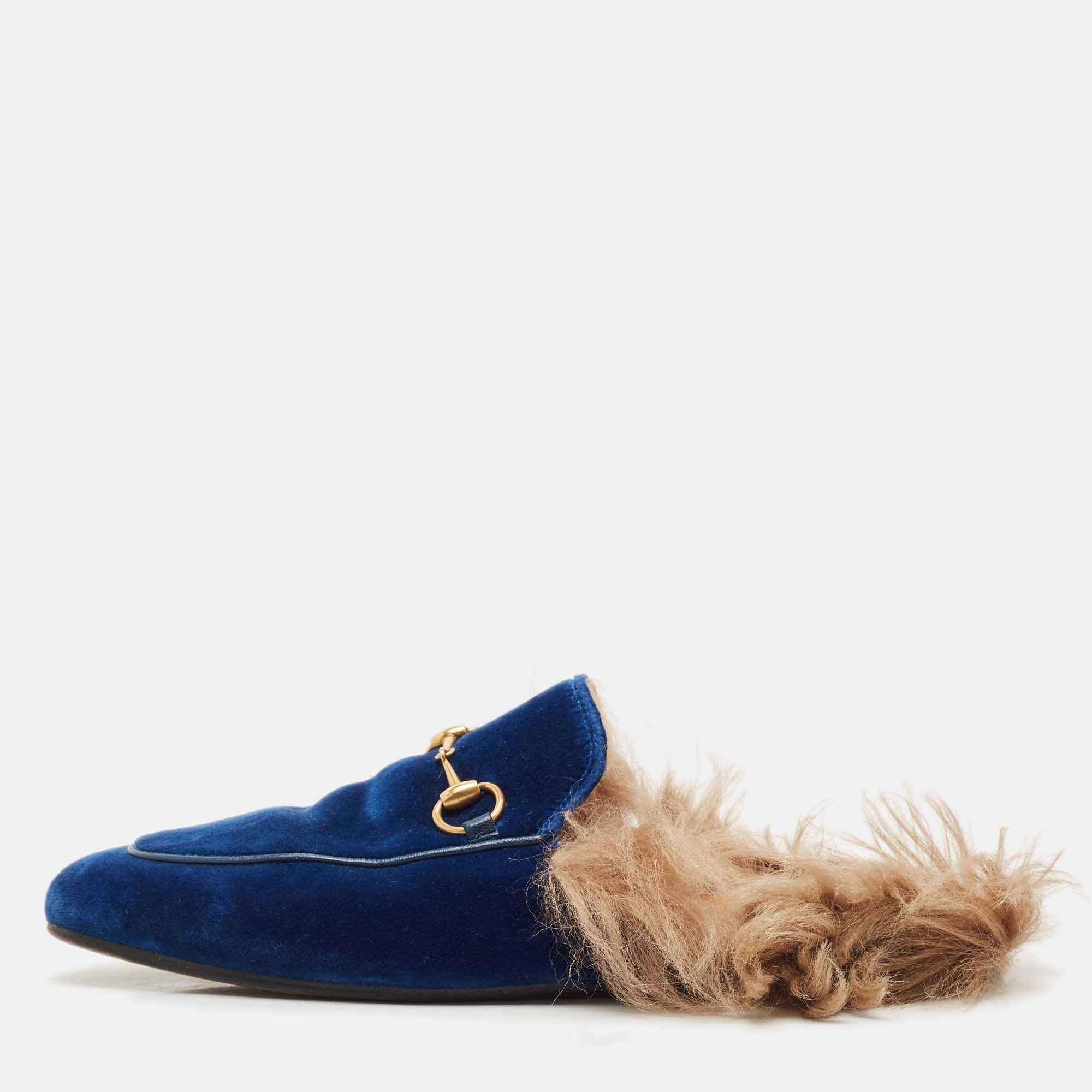 Pre Owned Gucci Blue Velvet and Fur Lined Princetown Flat Mules Size 38