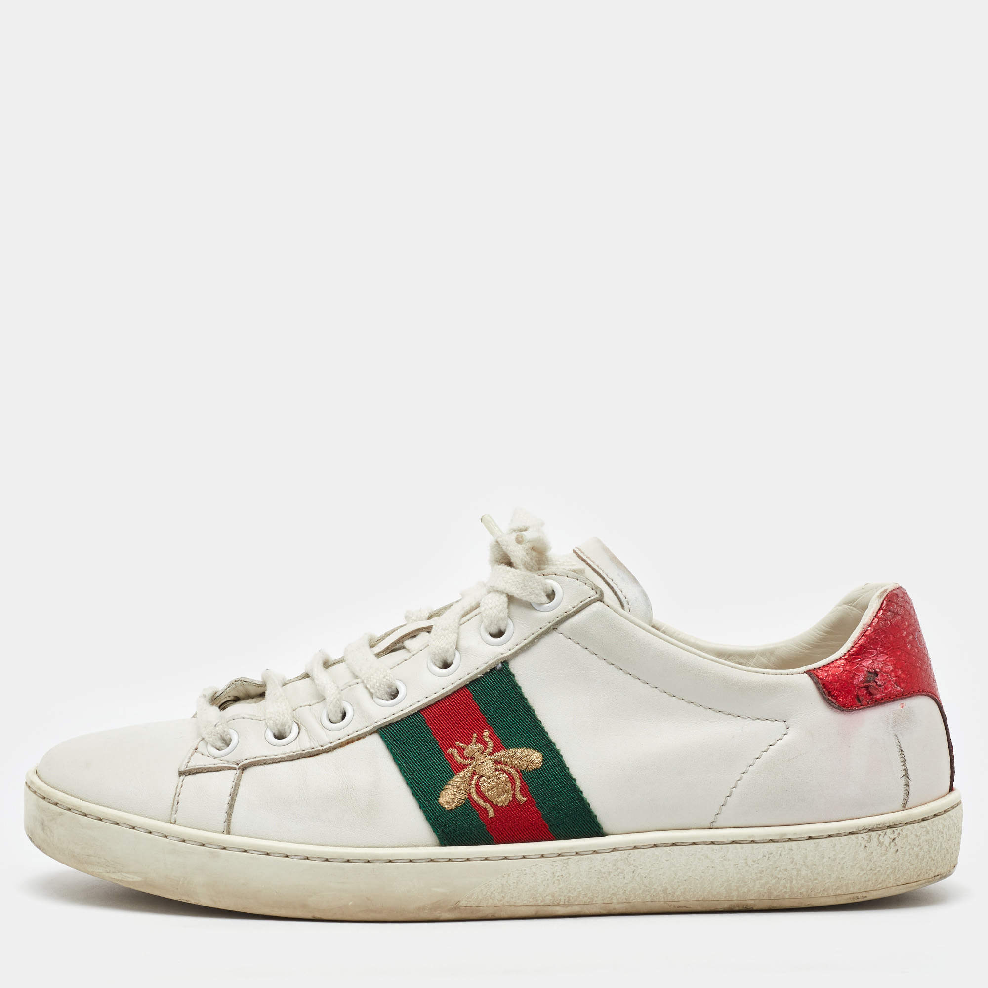 Pre Owned Gucci White Leather Ace Bee Embroidered Low Top Sneakers Size 38