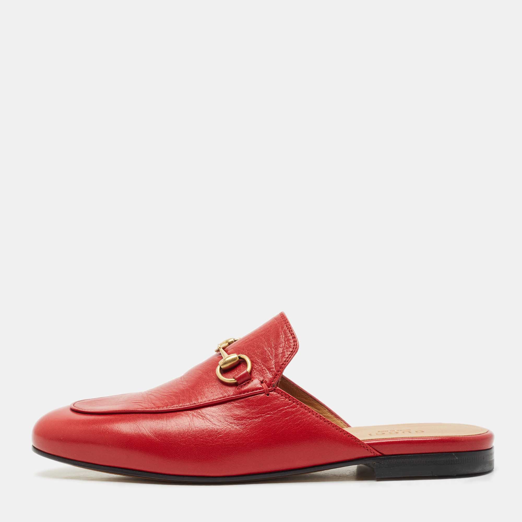 Pre Owned Gucci Red Leather Princetown Flat Mules Size 37
