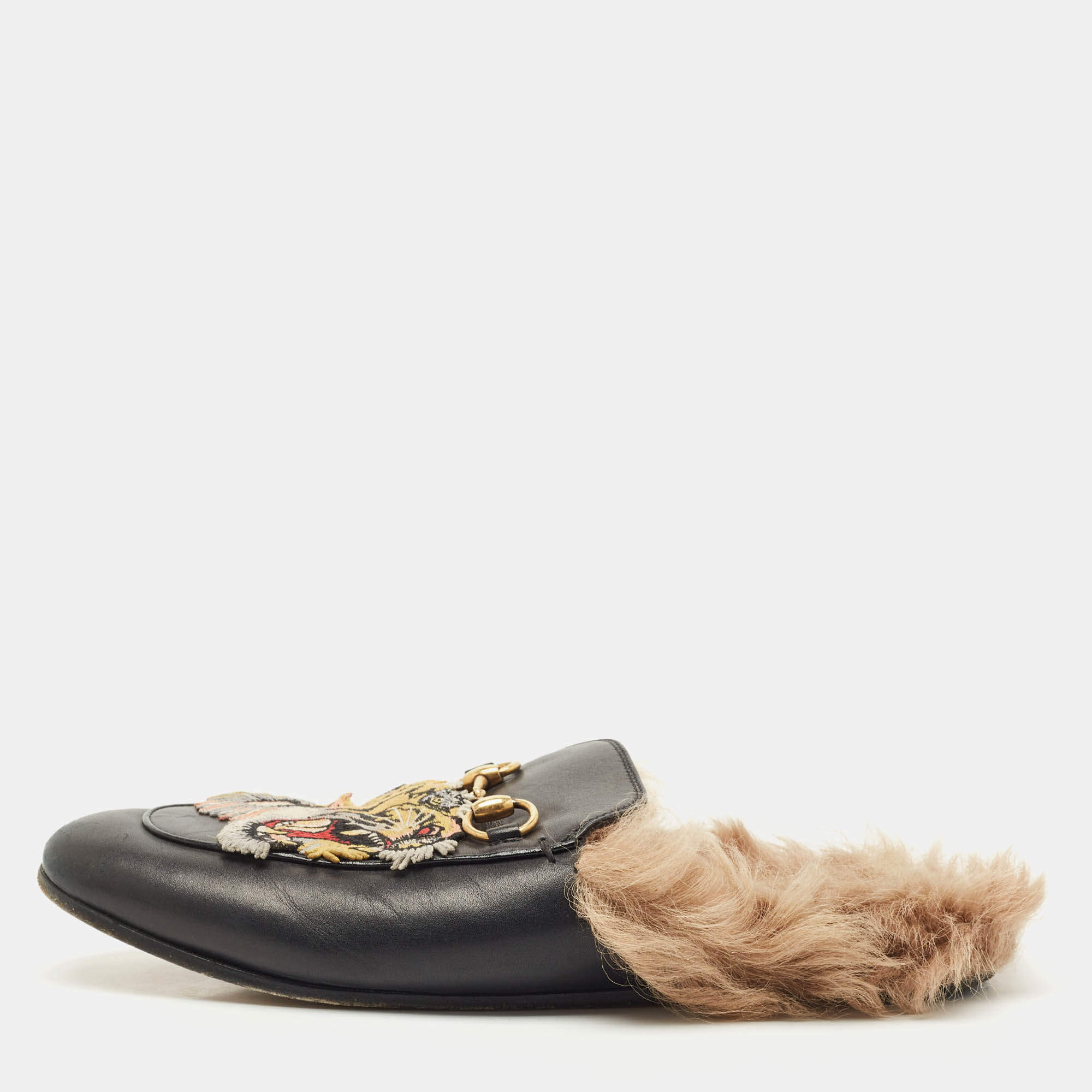 Pre Owned Gucci Black Tiger Embroidered Leather And Fur Princetown Horsebit Mule Sandals Size 37