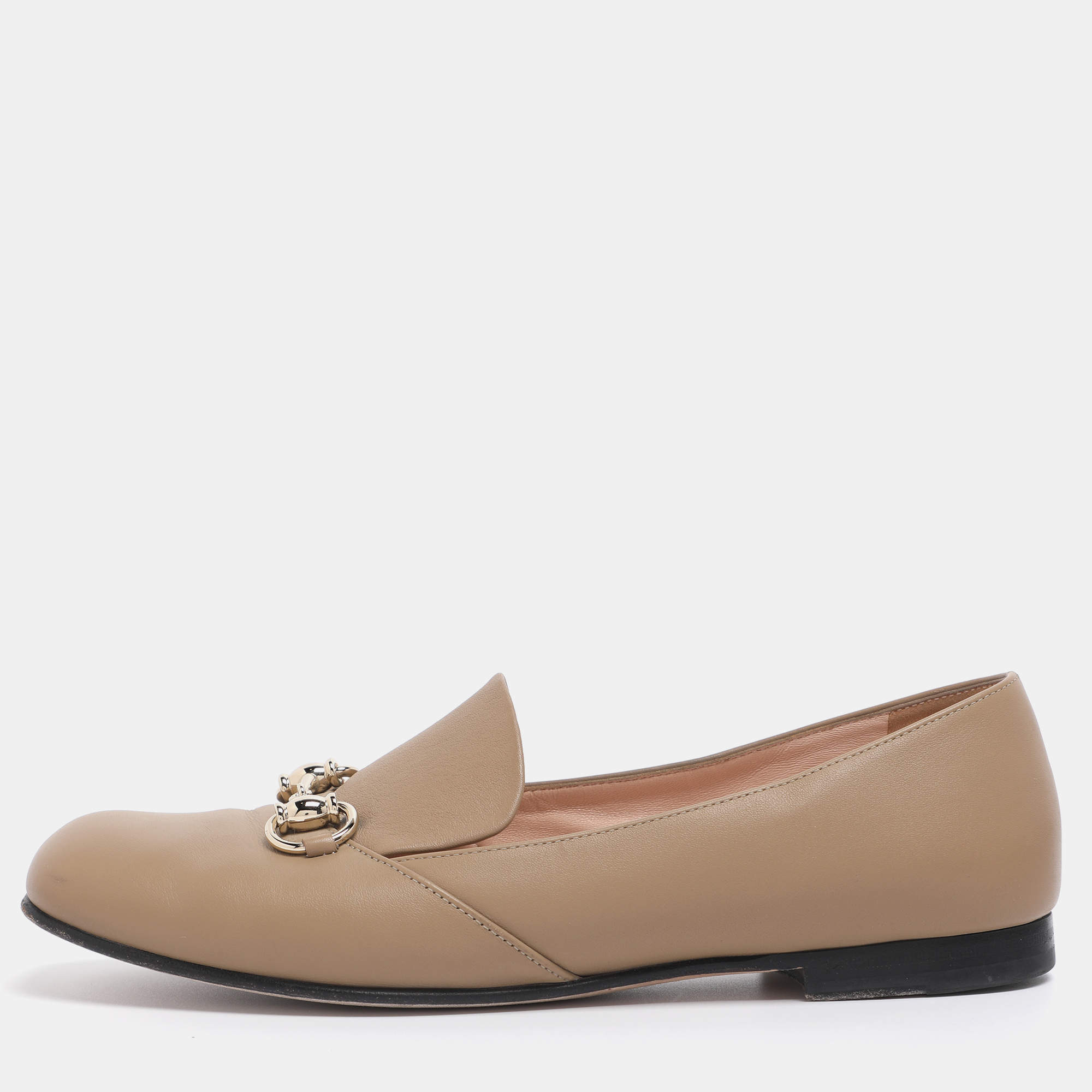 Pre Owned Gucci Dark Beige Leather Horsebit Slip On Loafers Size 38