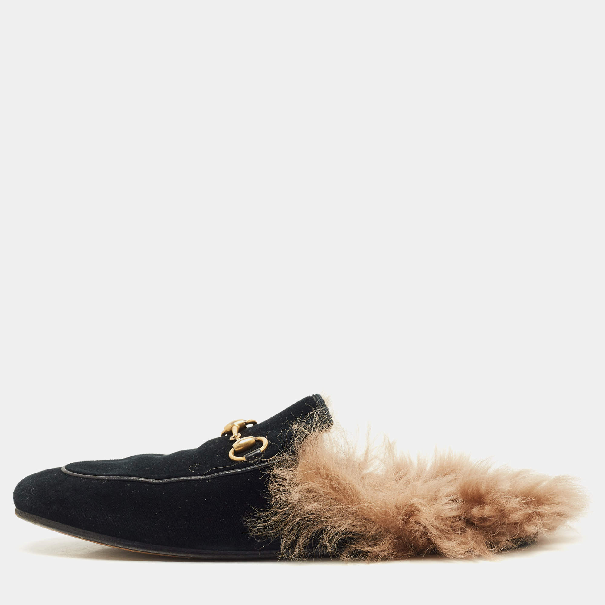 Pre Owned Gucci Black Velvet And Fur Lined Princetown Flat Mules Size 36.5