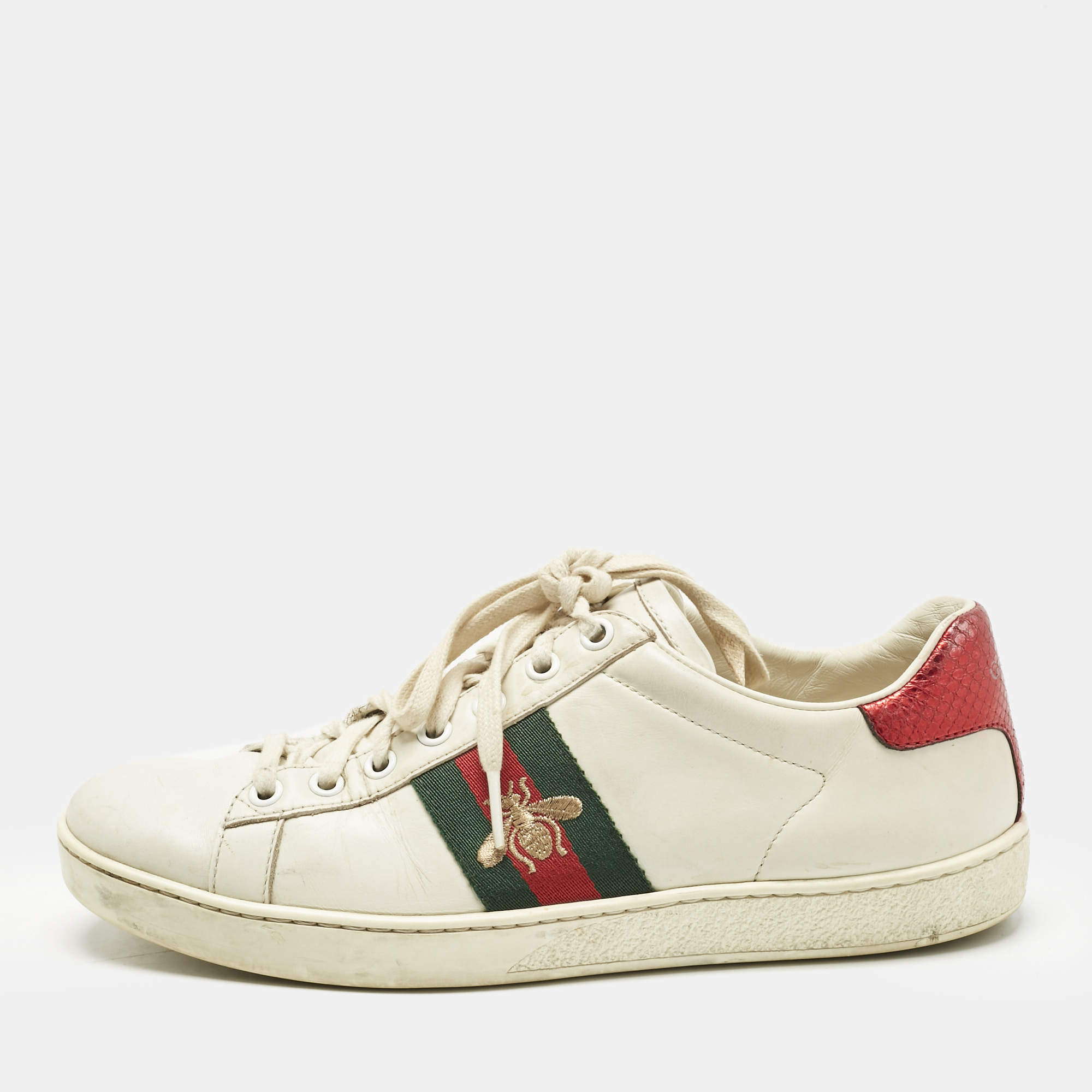 Pre Owned Gucci White Leather Web Ace Sneakers Size 37.5