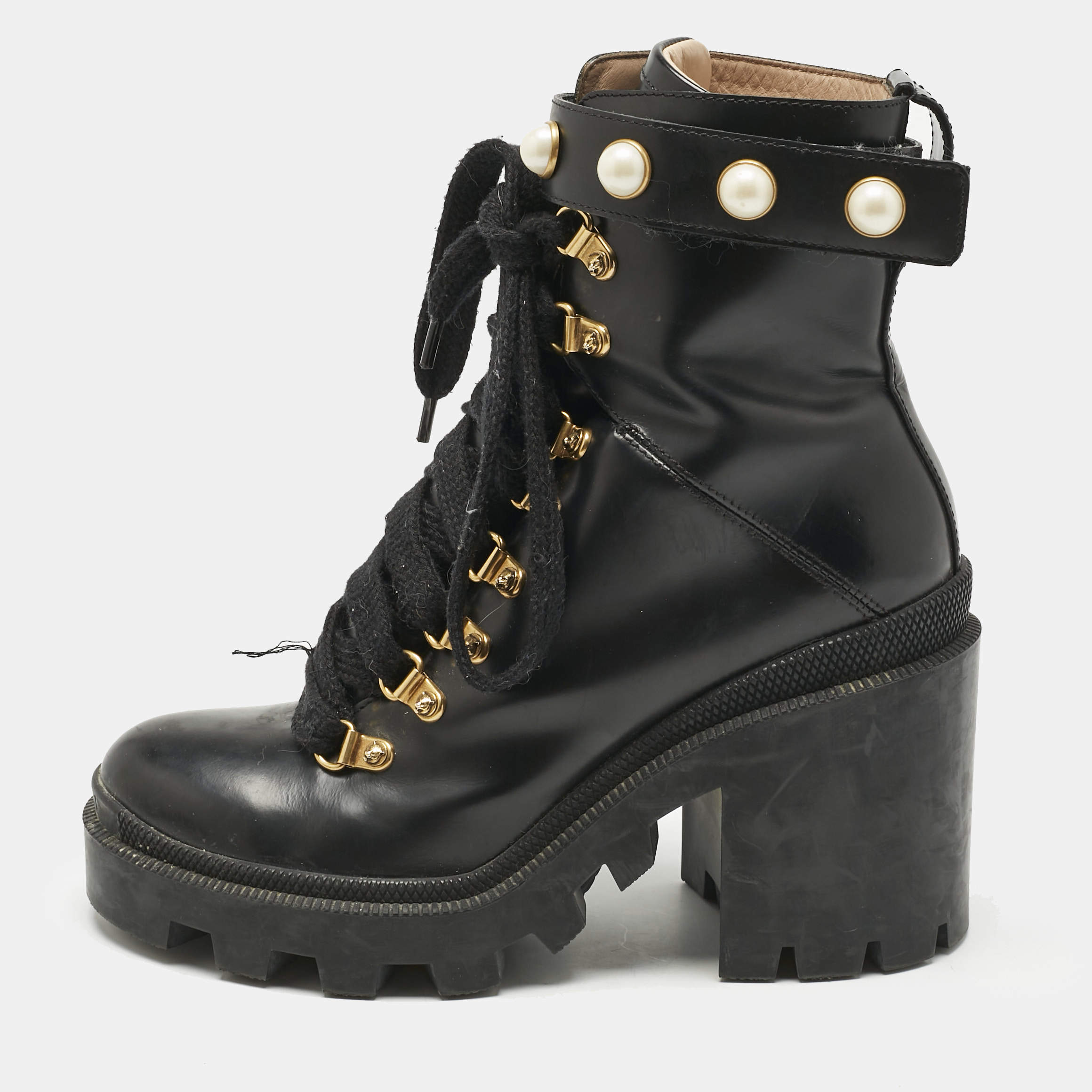 Pre Owned Gucci Black Leather Faux Pearl Embellished Trip Ankle Length Boots Size 36