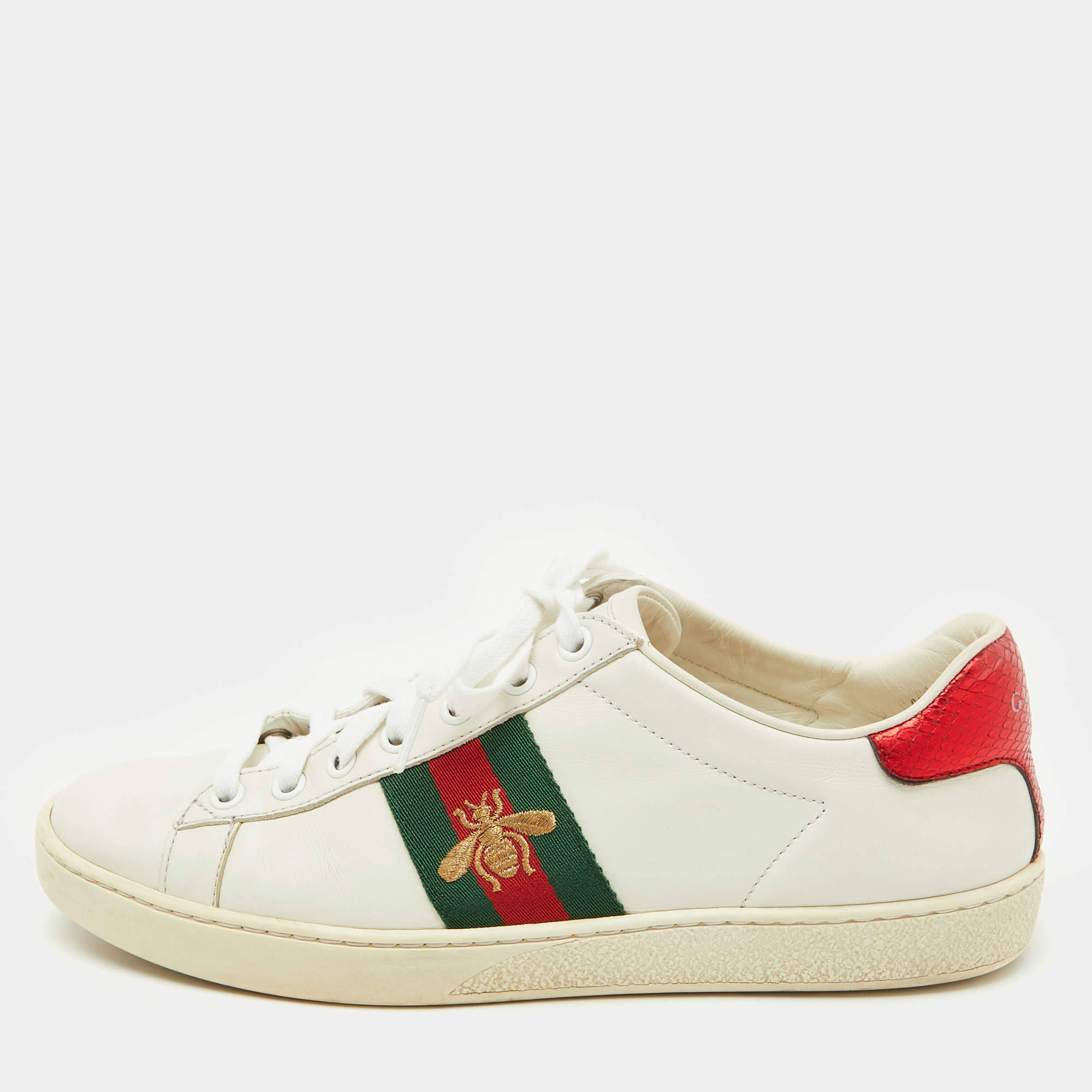 Pre Owned Gucci White Leather Embroidered Bee Ace Low Top Sneakers Size 37.5
