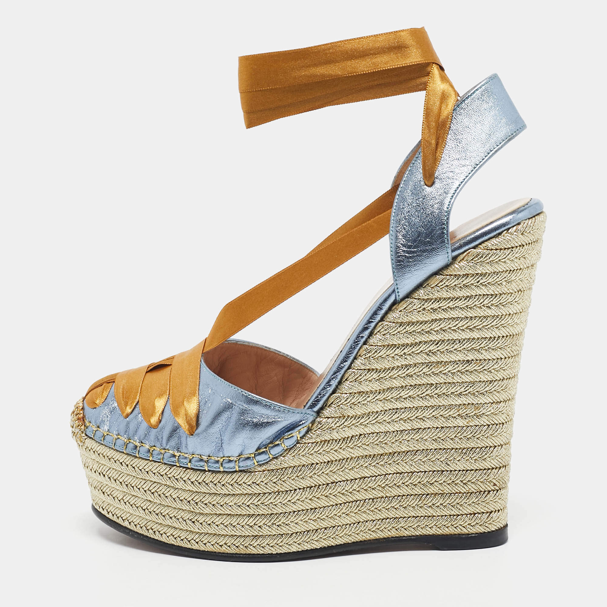 Pre Owned Gucci Blue/Gold Leather Ankle Wrap Wedge Sandals Size 36